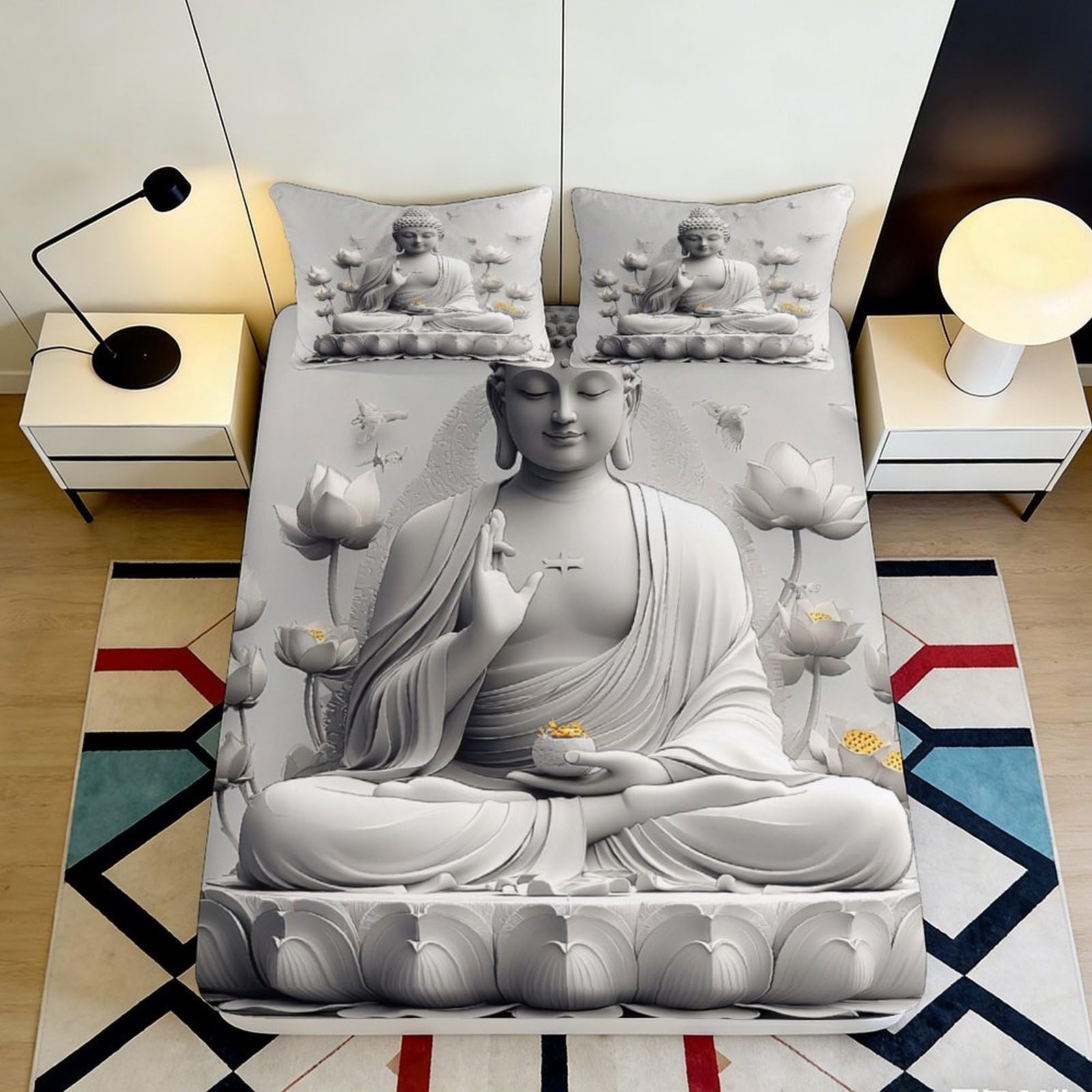 3D Printed Buddha Lotus Fitted Sheet Microfiber Soft Grey Bed Cover for Bedroom Guest Room Easy Care Decor 90x200x25cm