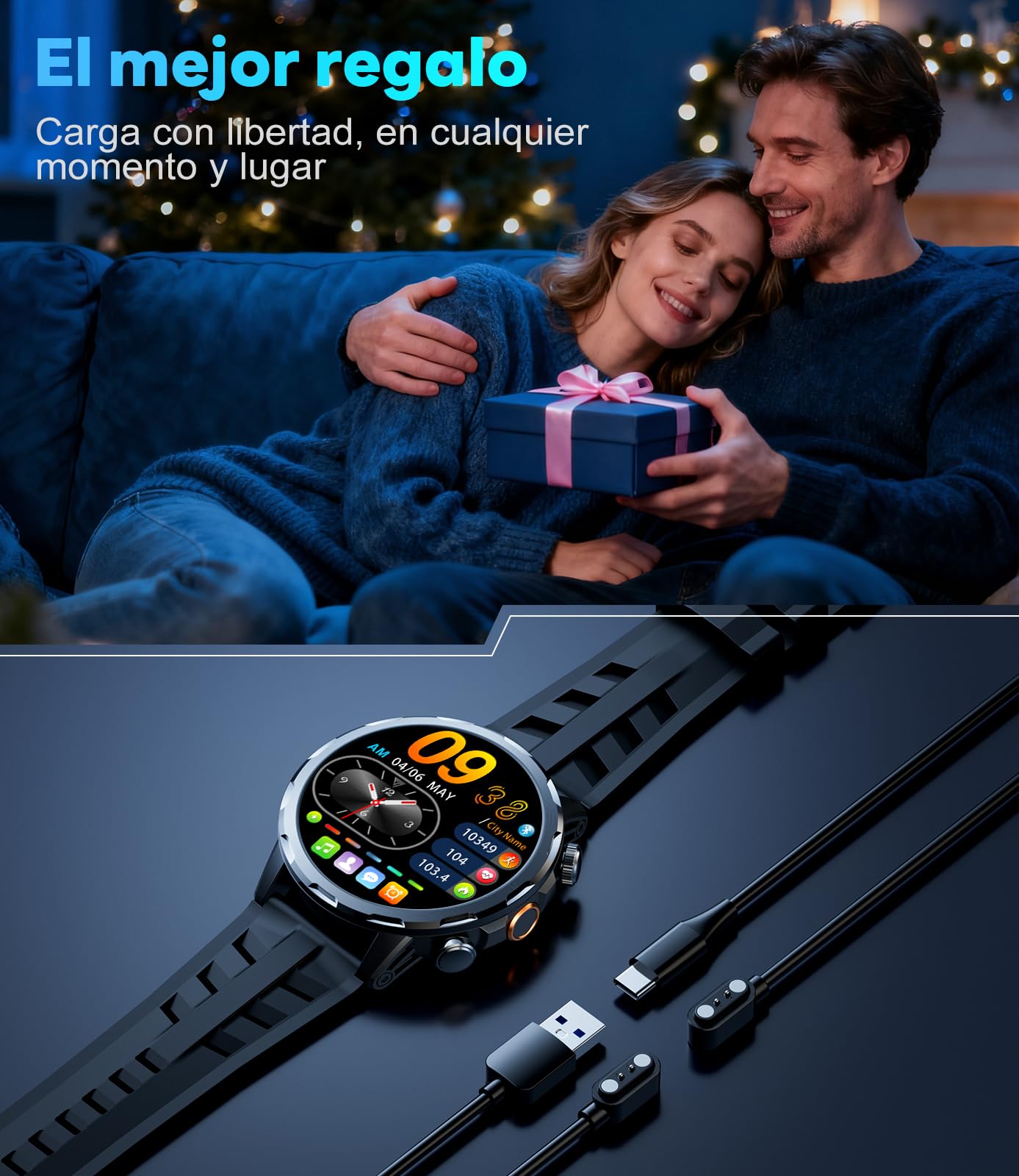 BENYAR Reloj Inteligente Hombre con 1000mAh/Linterna/1.7'' HD Grande Smartwatch Hombre con Llamadas/Doble Carga/IP68 Impermeable/100+ Modos Deportivos/Pulsómetro/Sueño/Pulsera Actividad Android iOS
