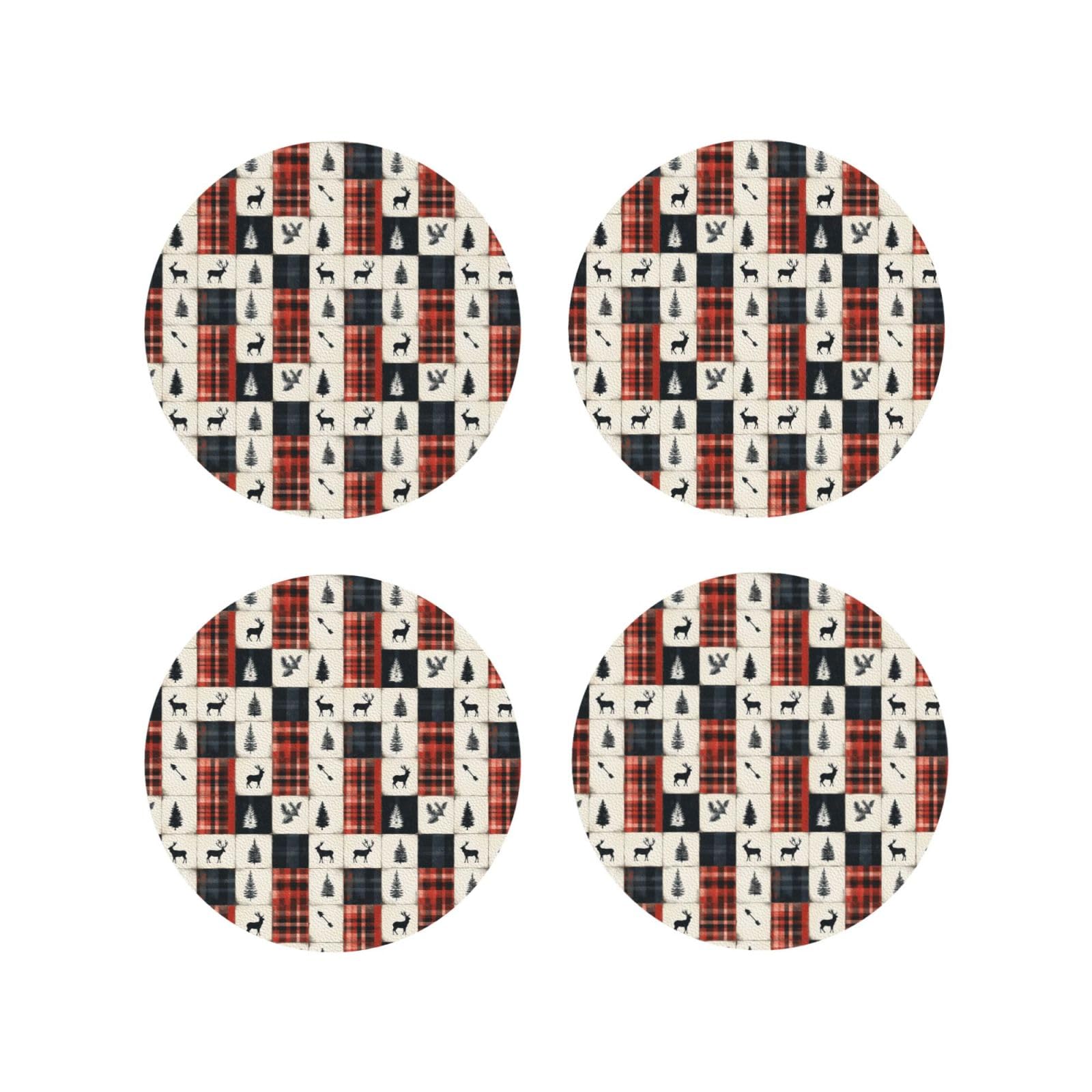 Leather Coasters Set of 4 - Christmas Elk Plaid Print Lightweight Drink Coasters for Desk