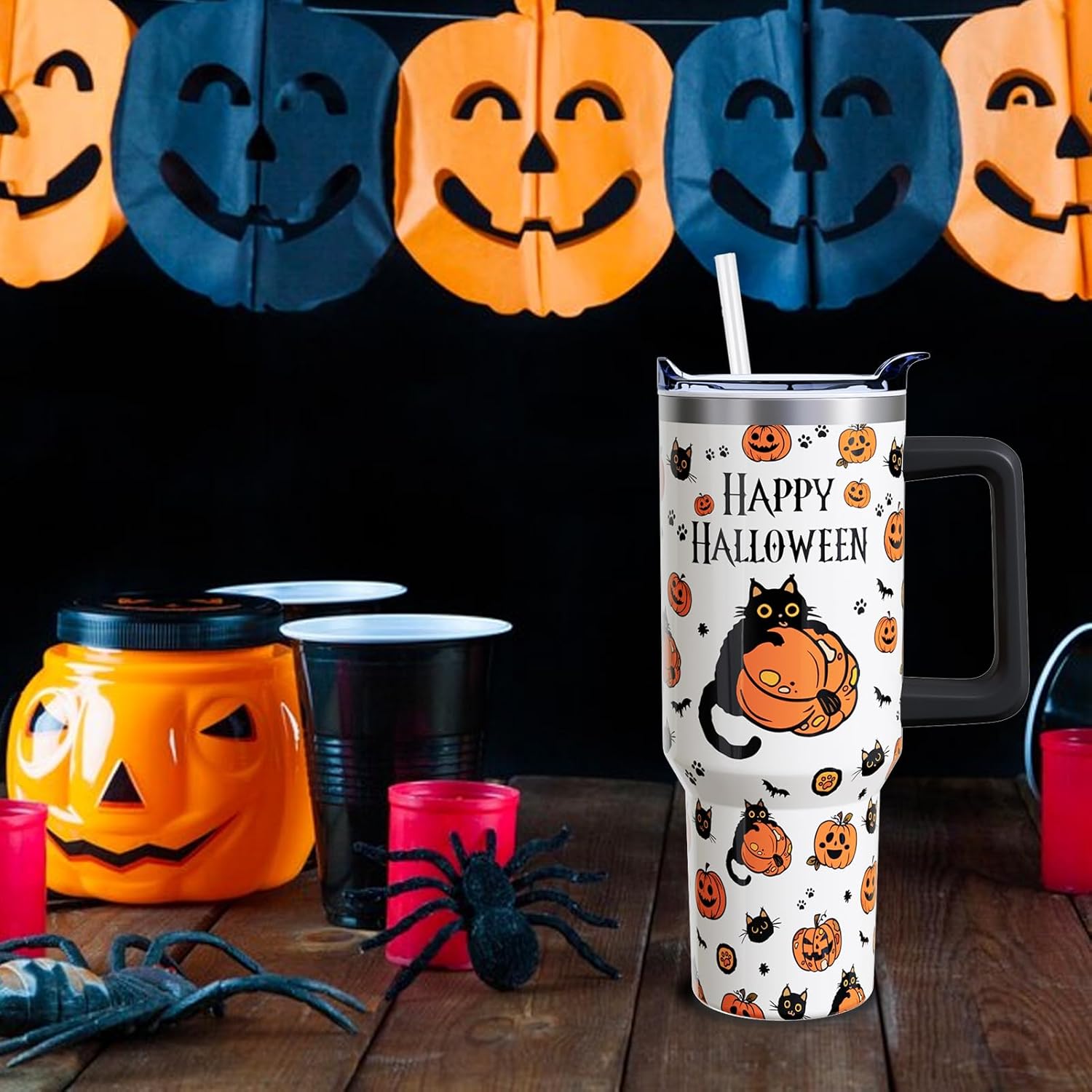 Happy Halloween Cup Gifts for Women Men, Black Cat 40oz Tumbler with Handle and Straw, Holiday Pumpkin Stainless Steel Insulated Water Bottle (1 PC) - Image 2