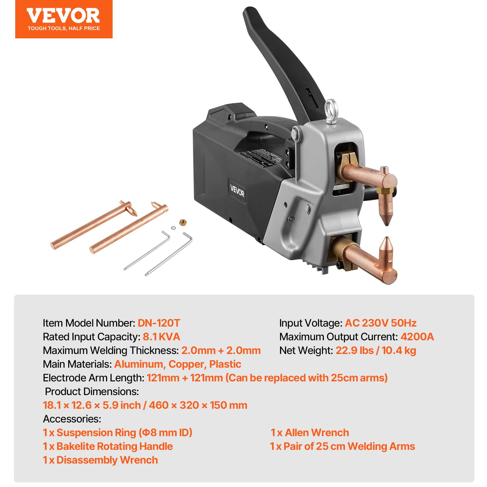 VEVOR Soudeuse par Points Portable pour Tôles 4 mm Épaisseur Poste de Soudage par Points Portatif Puissance d'Entrée 8,1 kVA Machine à Souder Compacte 4200 A Pistolet de Soudage Portatif avec Poignée