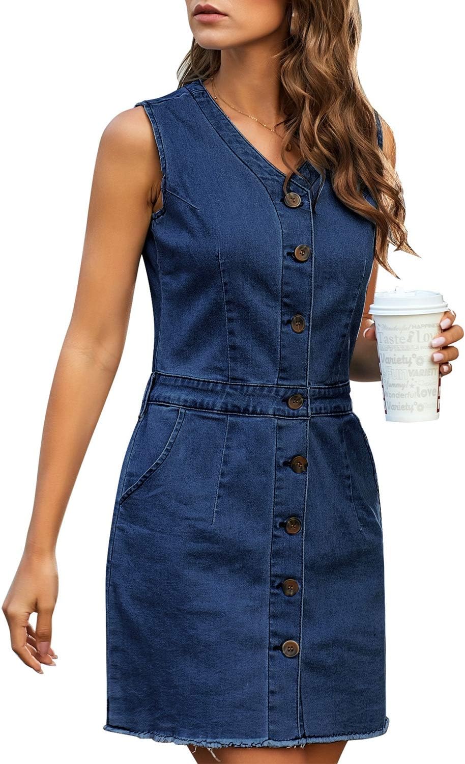 LookbookStore Women Sleeveless V Neck Button Down Frayed Hem Short Denim Dress - Image 3