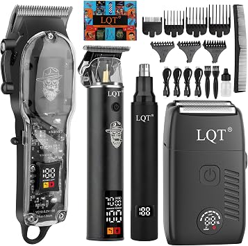 Mens Professional Cordless Hair Clippers & Trimmer Kit, 4-in-1 Electric Shaver Set with LED Display, Waterproof Body Groomer, Nose Trimmer & T-Blade for Bald Head, Full Barber Kit Gray
