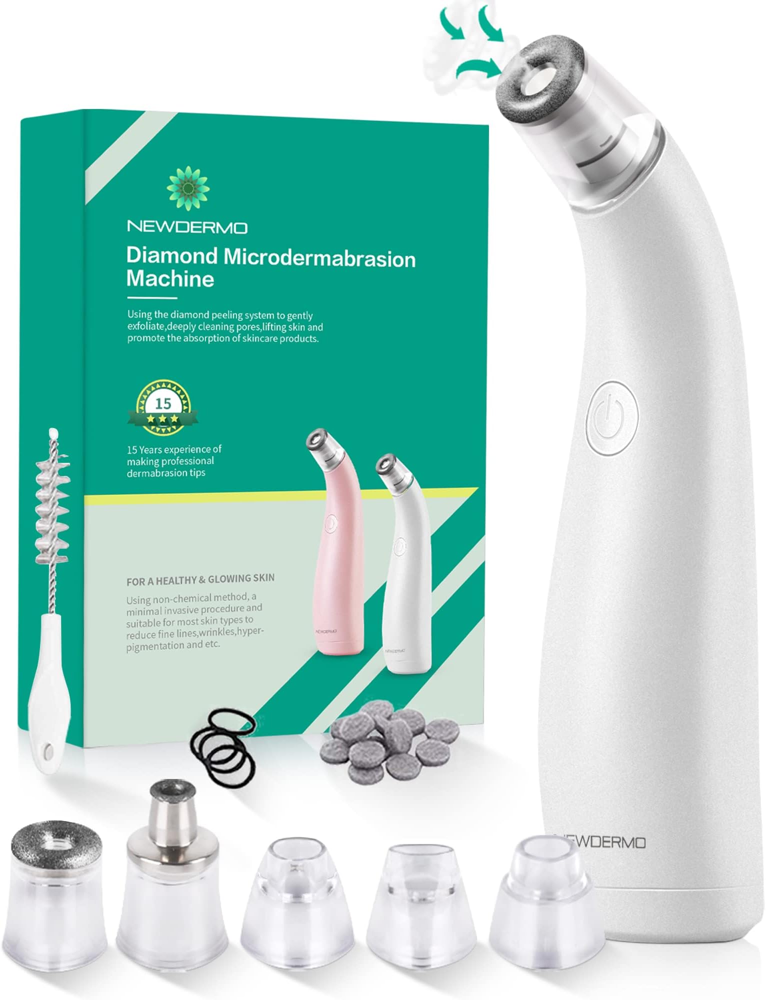 NEWDERMO 2-in-1 Microdermabrasion Machine Facial Diamond Pore Suction Machine Blackhead Remover Vacuum Salon-Level Dermabrasion at Home (Pure White)