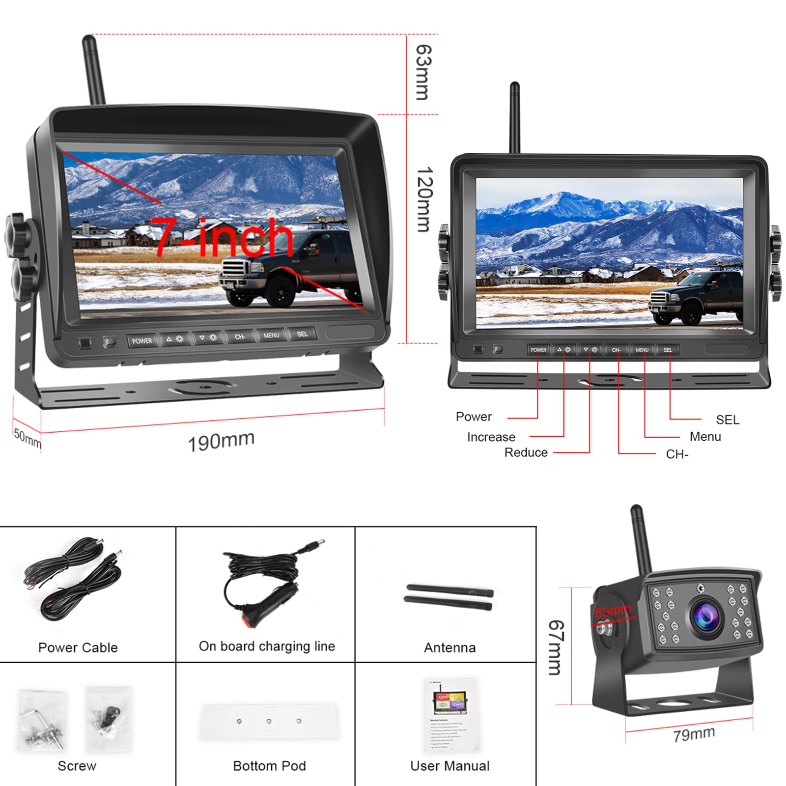 Hodozzy Telecamera Posteriore Digitale Senza Fili 7 Pollici IPS Monitor Kit AHD Telecamera Retromarcia Impermeabile Visione Notturna Registrazione Video Telecamera Posteriore Auto Senza Fili 12V-36V