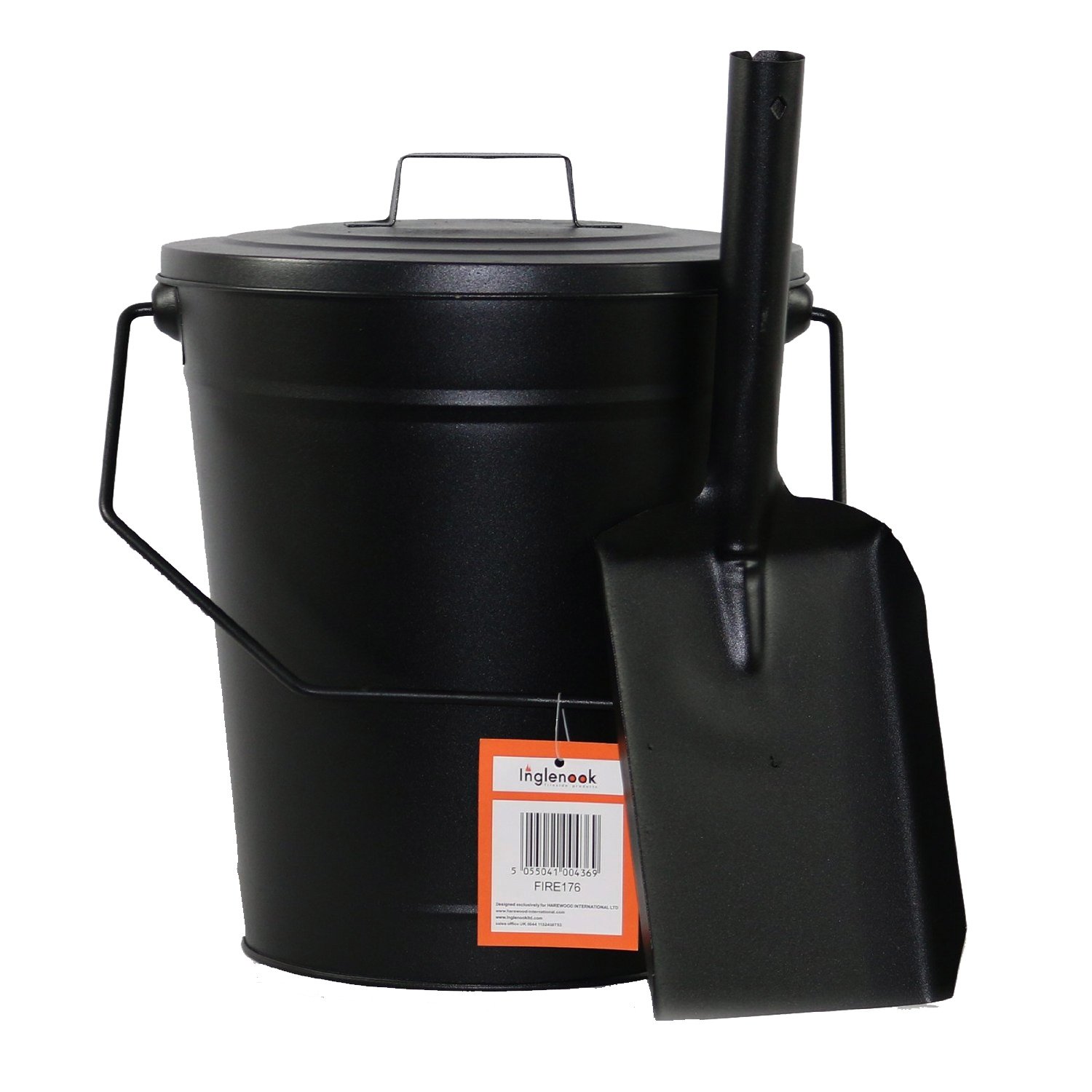Inglenook Black Metal Bucket With Lid & Fire Shovel By