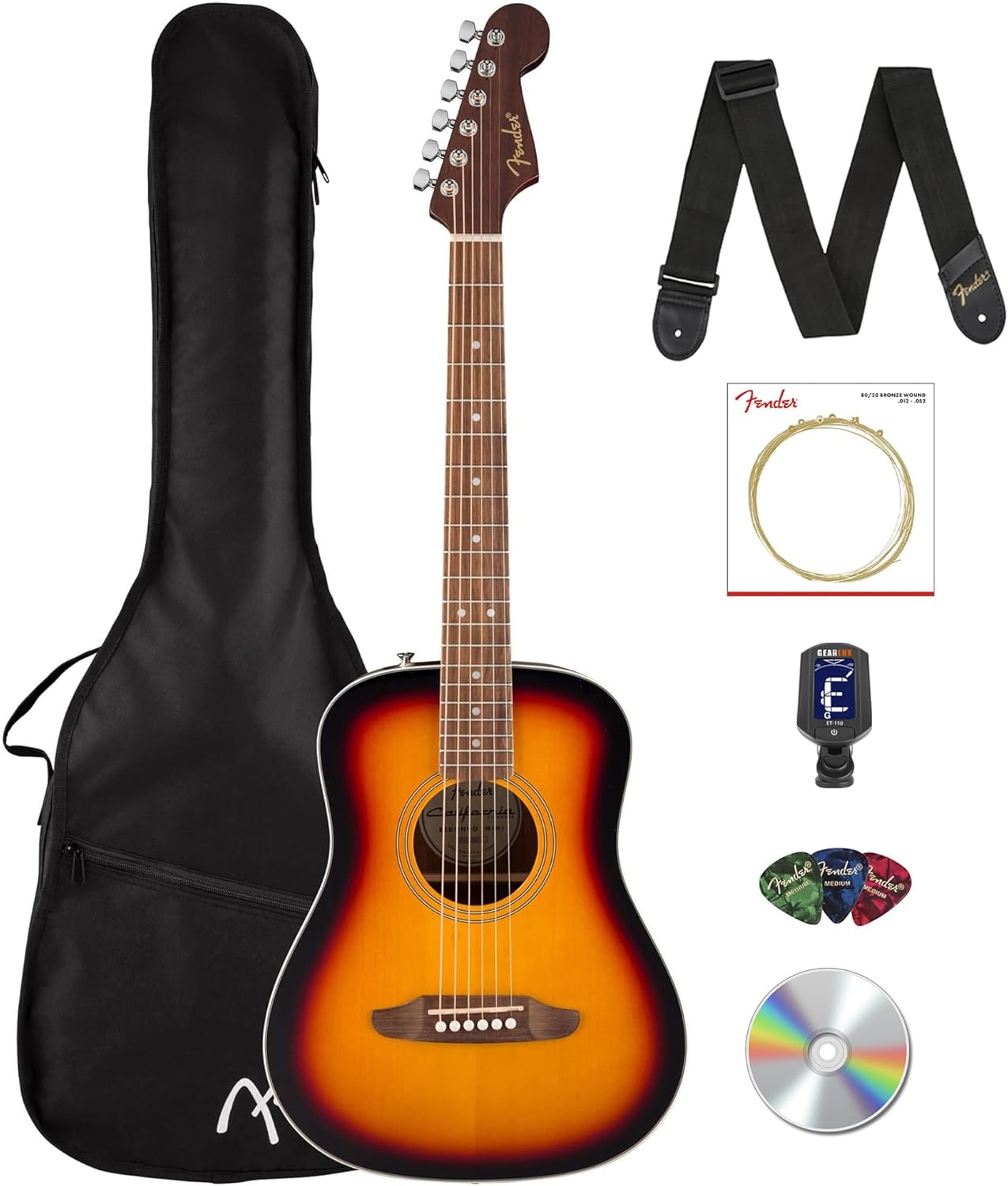 Fender California Standard Redondo Mini Acoustic Guitar - 3 Color Sunburst Bundle with Gig Bag, Tuner, Strings, Strap, Picks, and Austin Bazaar Instructional DVD