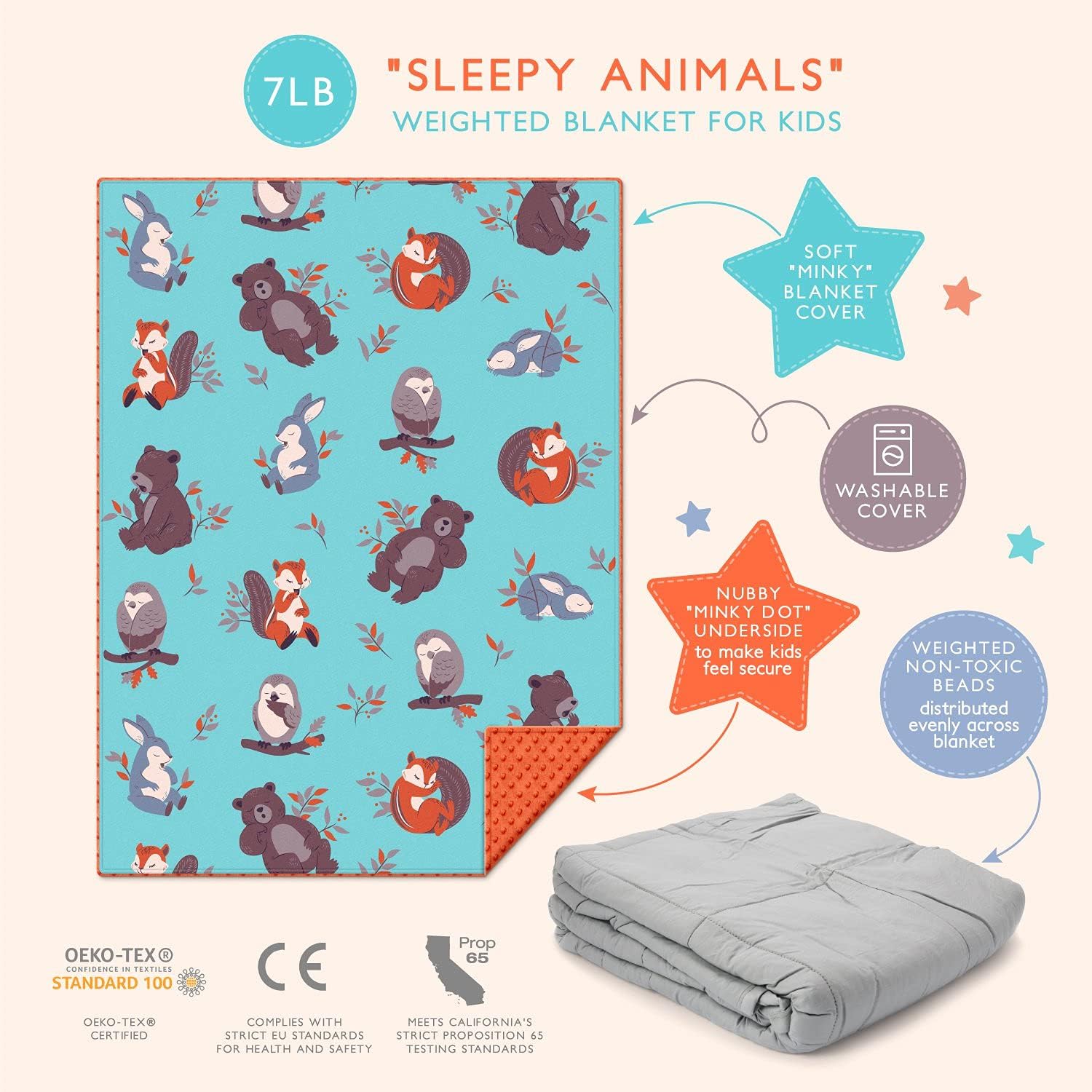 Exclusive Special Sweetzer & Orange Weighted Blanket for Kids 7lbs Heavy Blanket, Best for 58-88lb Children - Warming and Cooling Weighted Comforter with Minky Cover (7lb, Sleepy Animals)