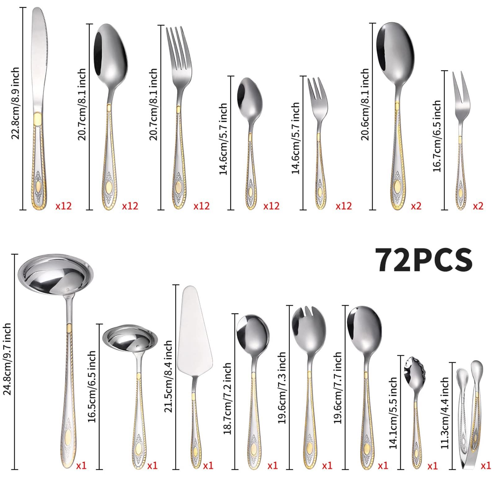 Juego de Cubiertos de Acero Inoxidable 72 Piezas para 12 Personas, Incluye Cuchillos, Tenedores y Cucharas, Conjunto de Mesa Elegante con Caja de Madera para Hogar, Restaurantes y Eventos