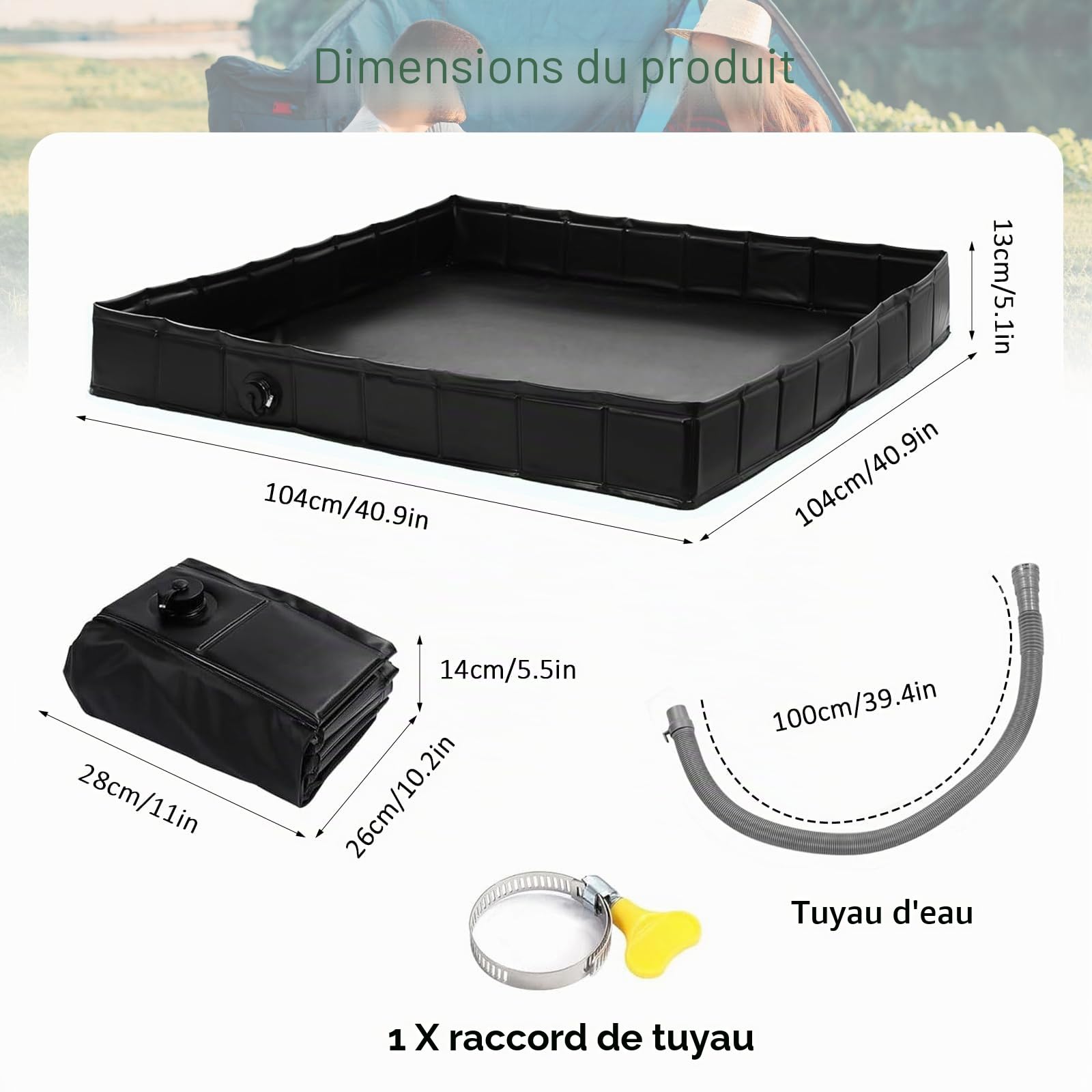 Cabine de Douche Camping, Base de tente de douche pliable, 104 x 104 x 13 cm, Avec tuyau d'évacuation, douche plein air, camping, camper, Grande baignoire douche animaux de compagnie