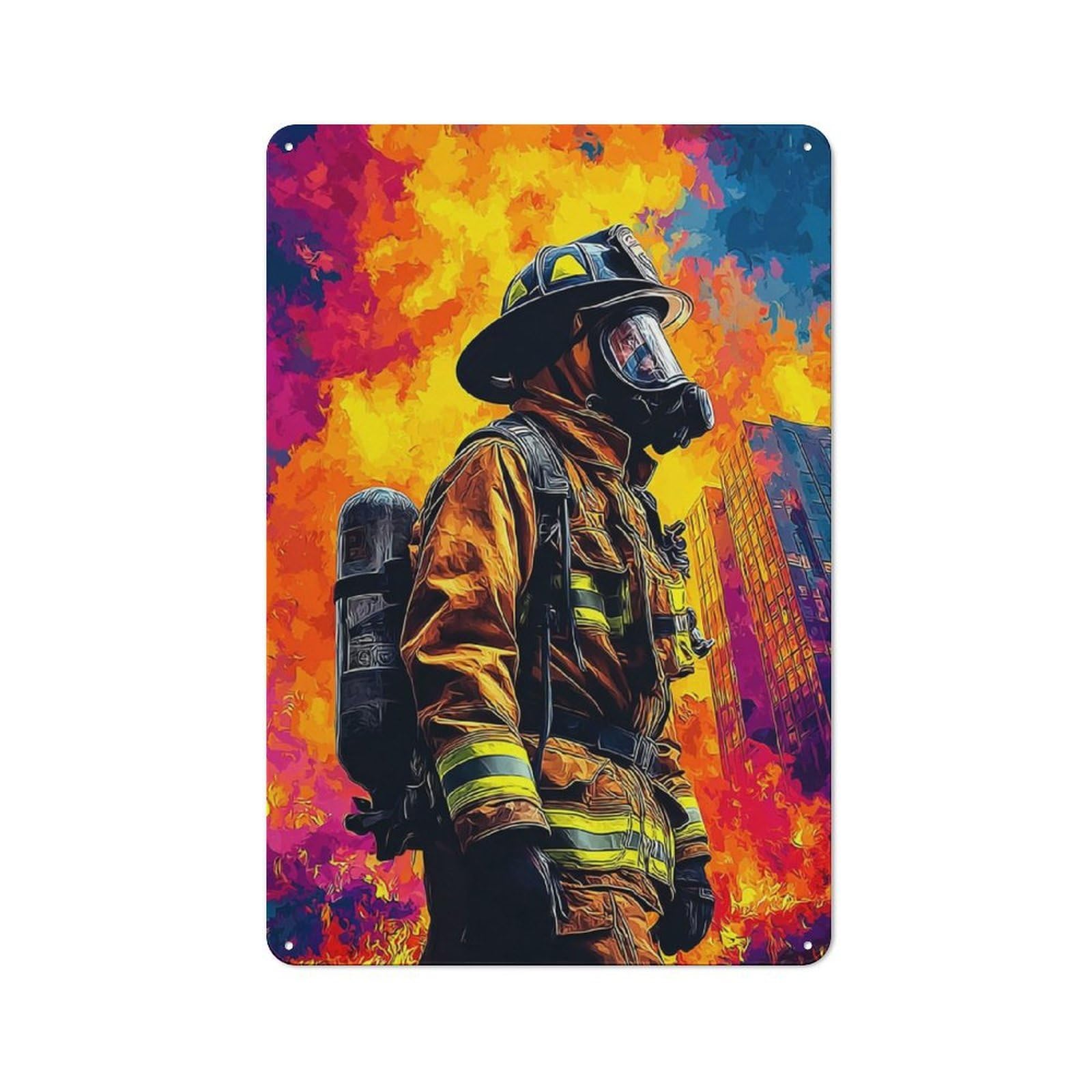 Junmoney Firefighter Braving Flames Rustic Tin Sign 30X20cm, Vintage Porch Wall Decor For Conservatory, Home Bar Or Utility Room