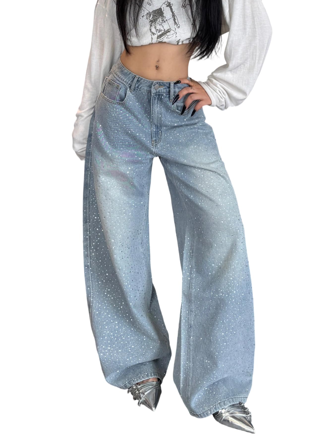 Womens Baggy Rhinestone Jeans Y2K Wide Leg Sparkly Bling Glitter Casual Denim Pants Trousers