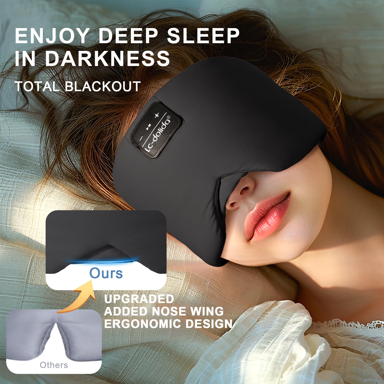 LC-dolida Masque de sommeil Bluetooth, casque de sommeil élargi amélioré avec casque sans fil intégré pour homme et femme, casque de sommeil réglable pour les personnes dormant sur le côté, cadeau de