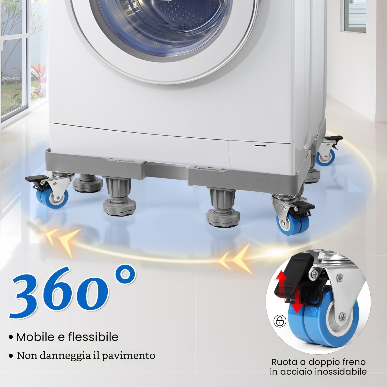 Base per Lavatrice con 8 piedi + 4 Ruote per Lavatrice, Frigorifero e Asciugatrici. Ruote Per Lavatrice Dimensioni Regolabili 42-66 cm, Antiscivolo e antiurto(Peso massimo 300 kg)