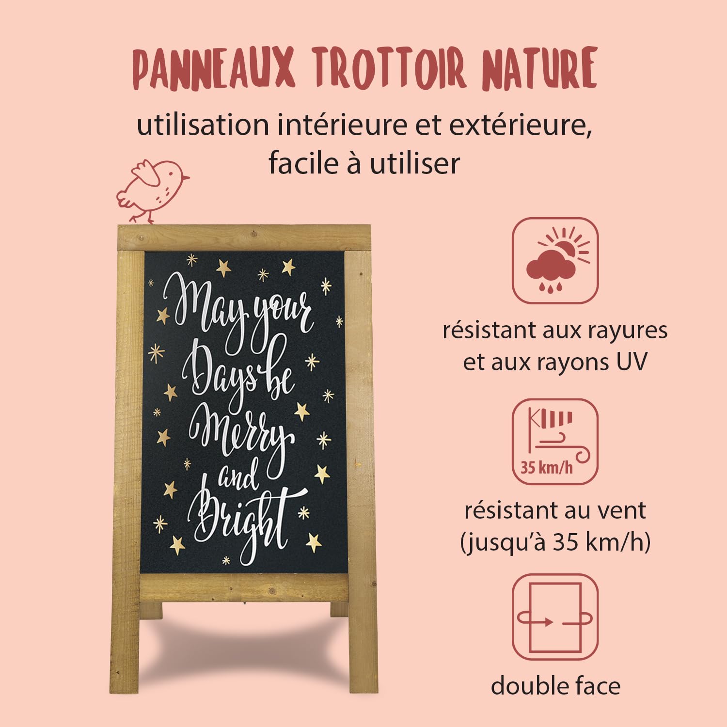 SECURIT - Tableau sur Pied Double Face en Bois - Coloris Bois D’Échafaudage