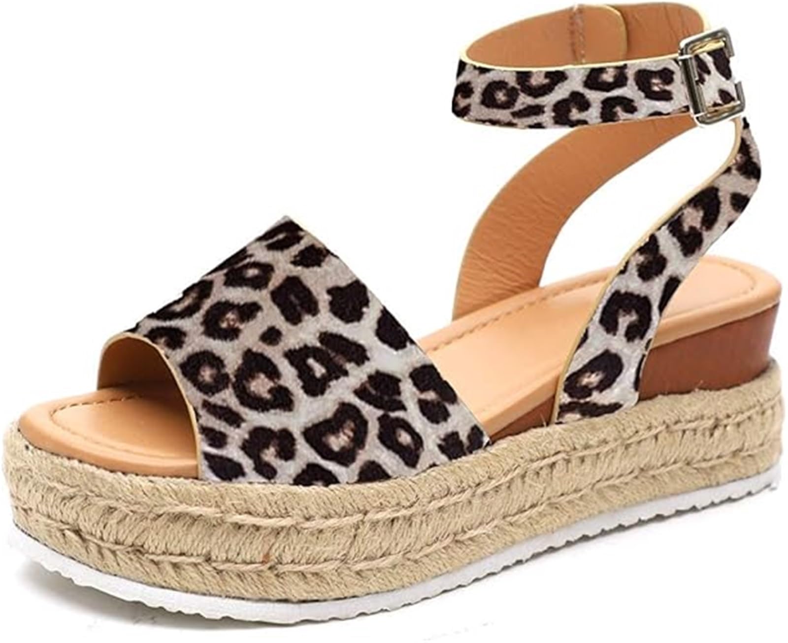Gikleihwy Frauen Keile Espadrilles Sandalen Damen Verstellbar Knöchelriemen Offene Zehe Plattform Sandalen Unterstützung des Fußgewölbes Bequem rutschfest Nieten Schick Schuh(Leopard Print,36 EU)