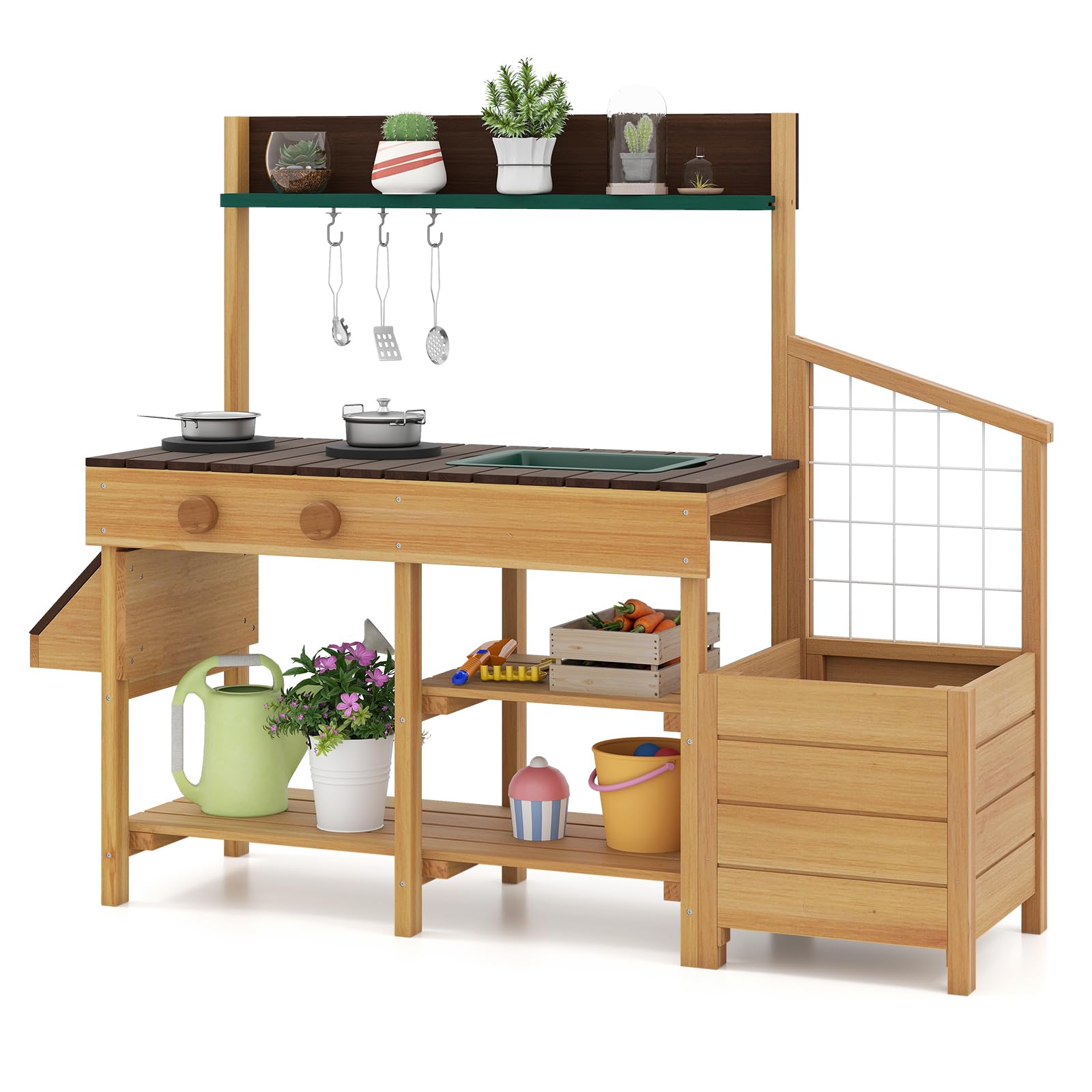 COSTWAY Mud Kitchen, Wooden Kids Play Kitchen with Removable Sink, Stoves, Planter Boxes, Trellis & Cooking Accessories, Outdoor Pretend Kitchen Playset for Boys Girls Ages 3-8 (Natural + Brown)