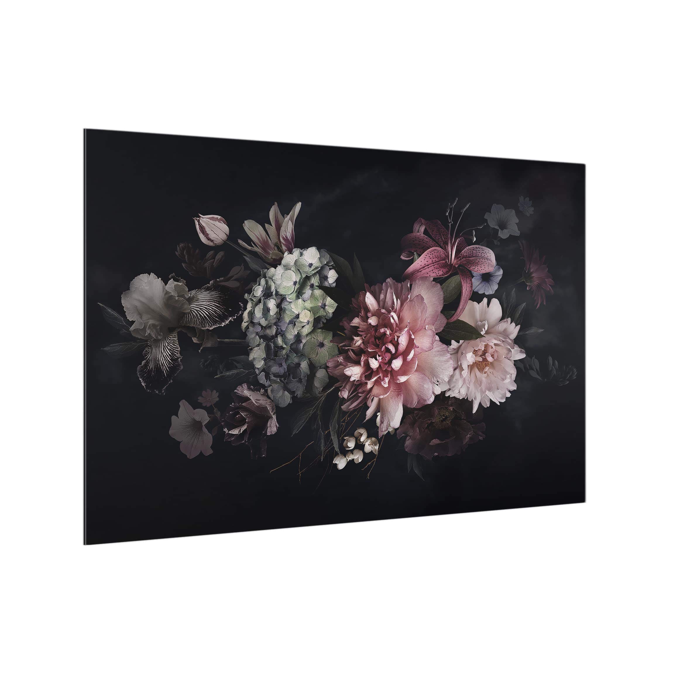 Fond de hotte avec support épaisseur 4mm fleurs crédence cuisine avec motif verre trempé panneau mural noir crédence en verre style vintage cuisine 5179 (90x59cm)