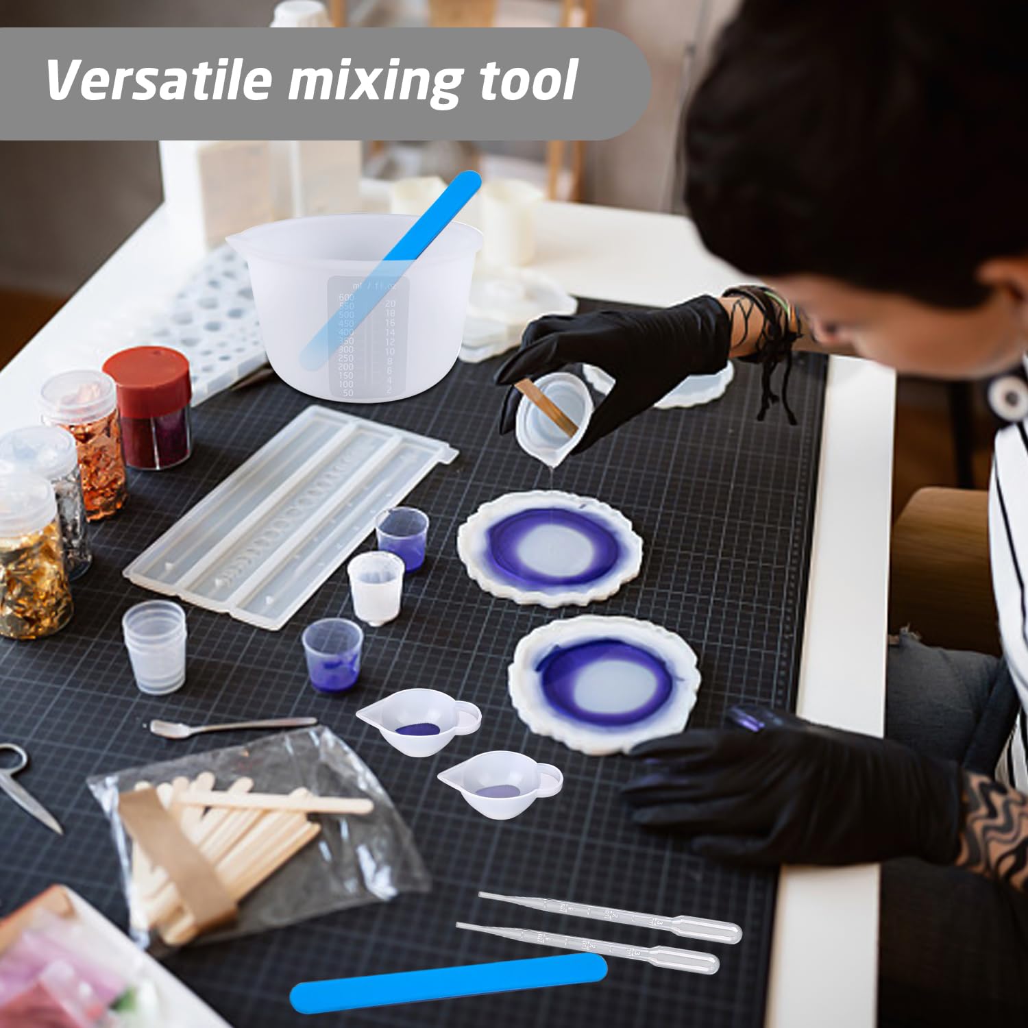 1 set siliconen maatbekers, 600 en 100 ml siliconen bekers, mengstaaf, druppelaar, vingerling, epoxy mengbeker, multifunctioneel menggereedschap voor verf en epoxyharsen