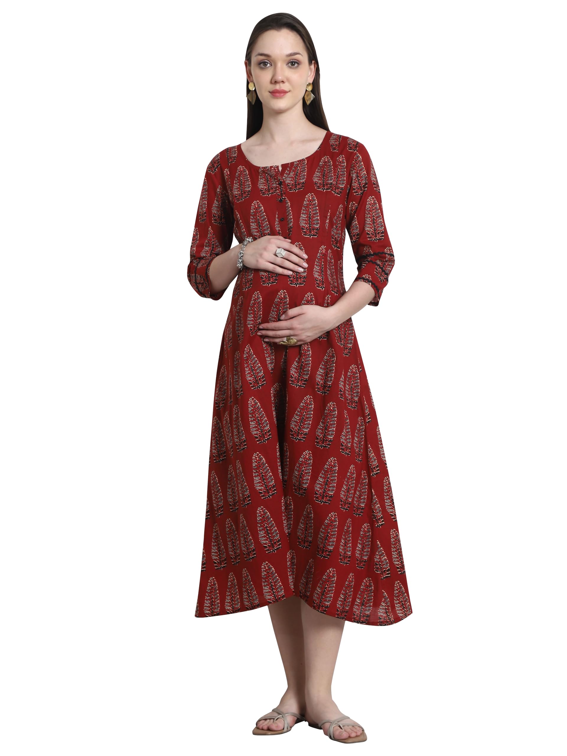 rajnandini Women's Cotton Jaipuri Printed Maternity Gown with Zipper for Women for Pre & Post Pregnancy & Easy Breastfeeding (JOPLJPR214-P_Brown_P)-picture-36