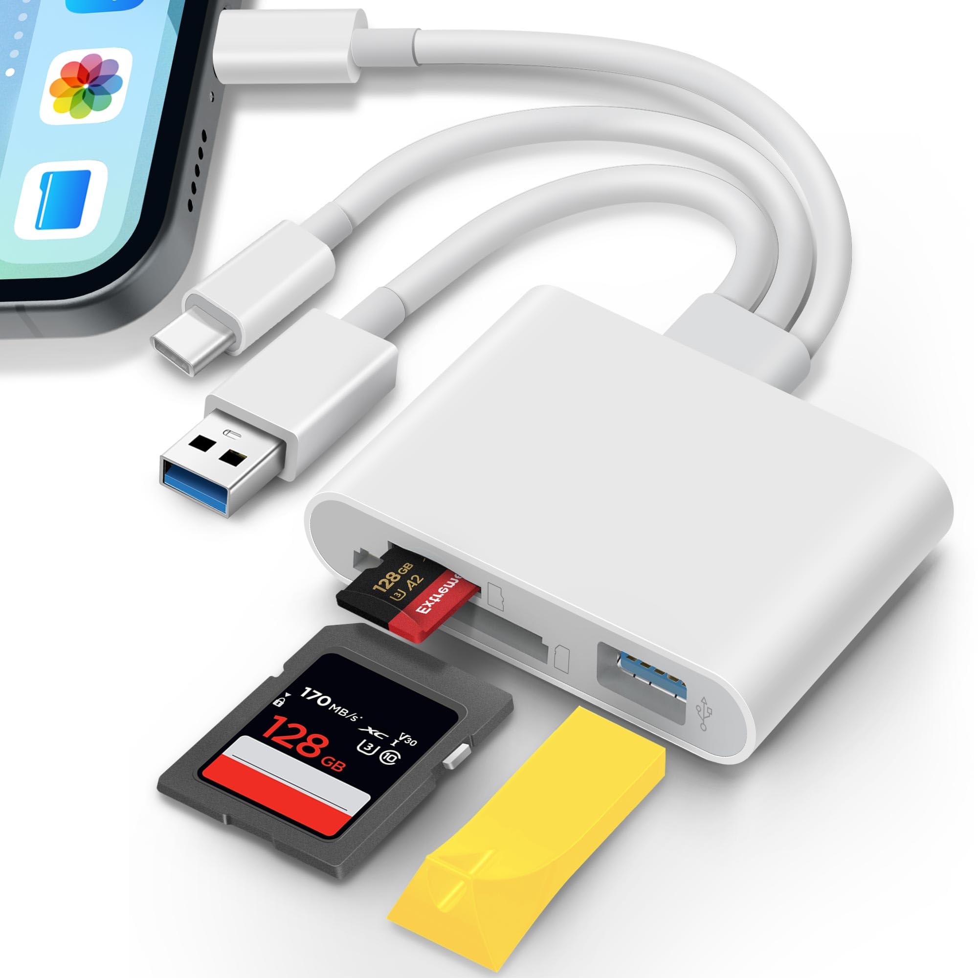 SD Card Reader for iPhone iPad Laptop 3-in-1 Connectors Memory Card Adapter with Dual Slots & USB Port Trail Game Camera Viewer for iPhone Mac MacBook Android Laptop White-image-23