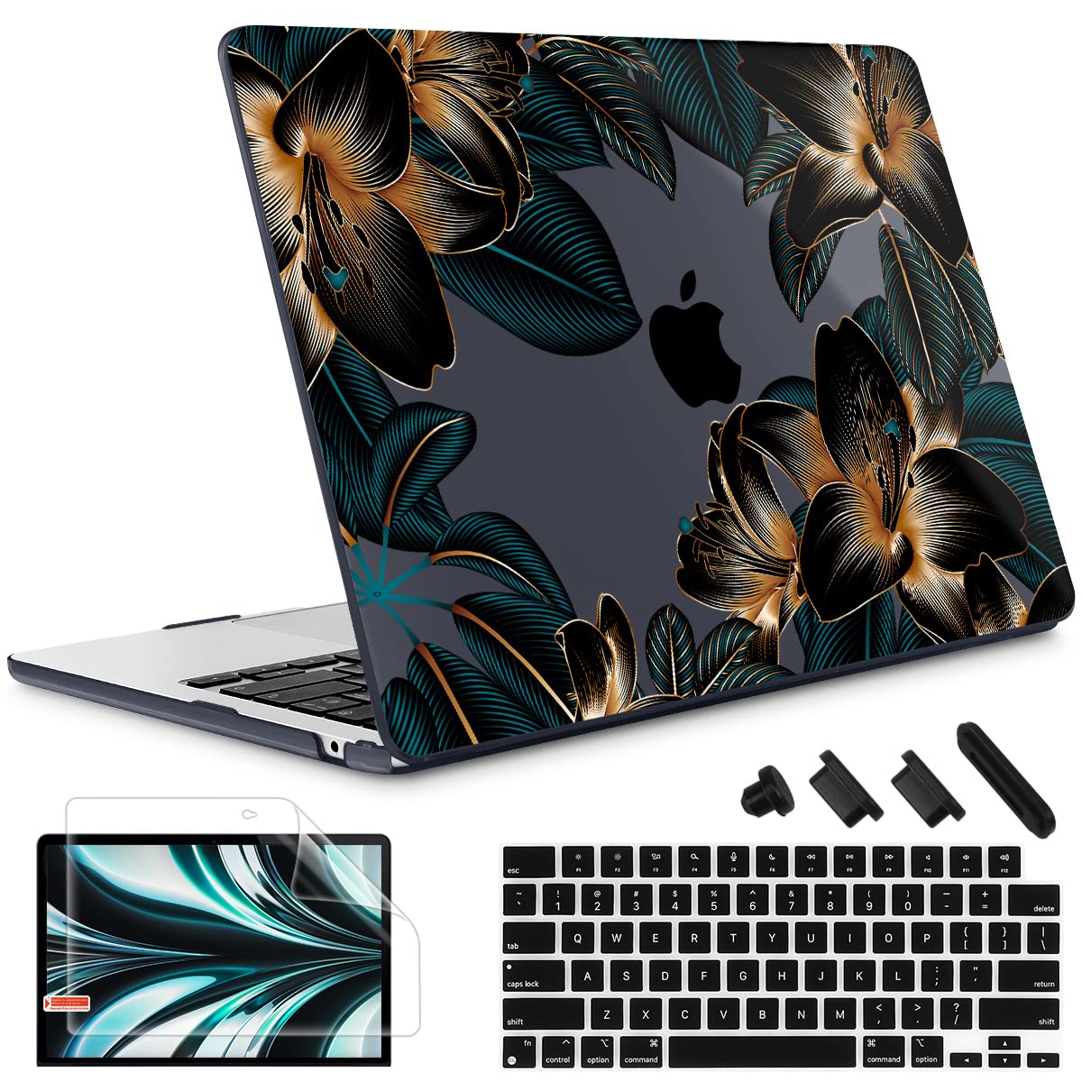 May ChenCompatible with MacBook Air 13.6 Inch Case 2024 2023 2022 Release Model A3113 M3 A2681 M2 Chip, Plastic Hard Shell Case for MacBook Air 13.6" with Liquid Retina display, Golden Lilies Flowers