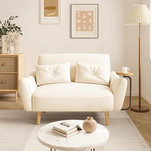 Brelice Loveseat Sofa, 47" Velvet Couch for Bedroom, Convertible Wooden Tray & Ergonomic Armrest, for Small Space, Apartment, Living Room, Home Office, Easy Assembly, Beige