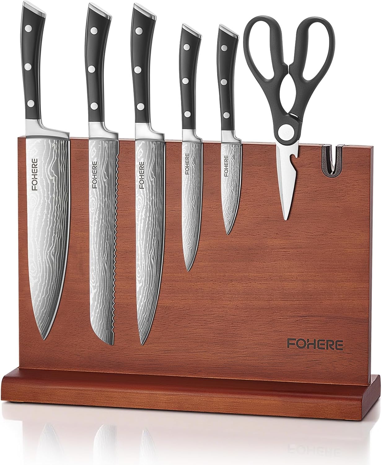 Kitchen Knife Set, FOHERE Knives Set with Magnetic Knife Holder and Sharpener, 7 Pieces Sharp Chef Knife Set with Ergonomic Handle, High Carbon Stainless Steel Knives Set for kitchen