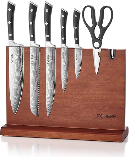 FOHERE Juego de cuchillos de cocina con soporte magnético para cuchillos y afilador, juego de 7 cuchillos de chef ultra afilados con mango