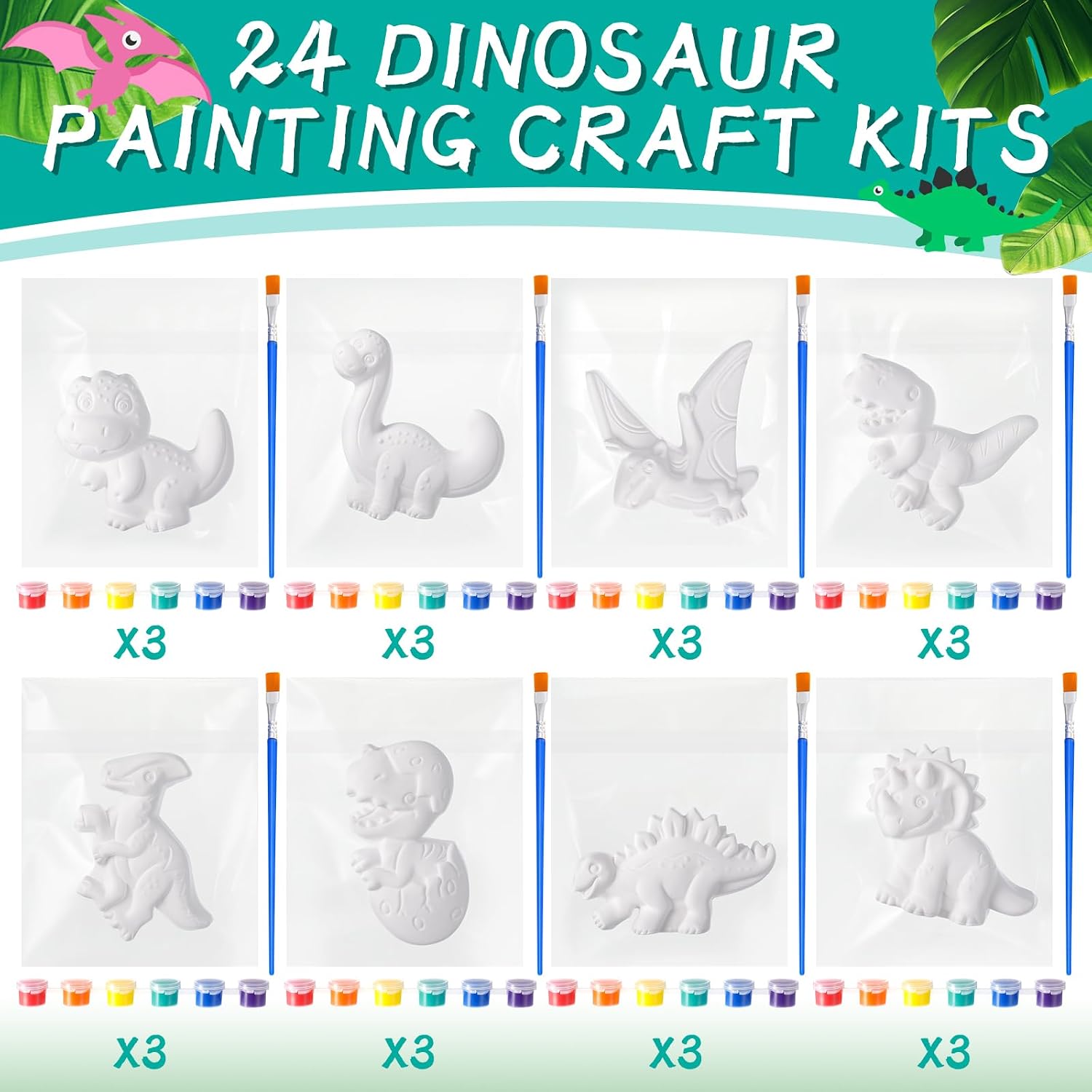 Leyndo 24 Set Dinosaur Painting Kit Bulk Craft Kits Paint Your Own Ceramic Figurines to Paint Unpainted Ceramic DIY Plaster Painting Crafts for Party Favor Kids Adults