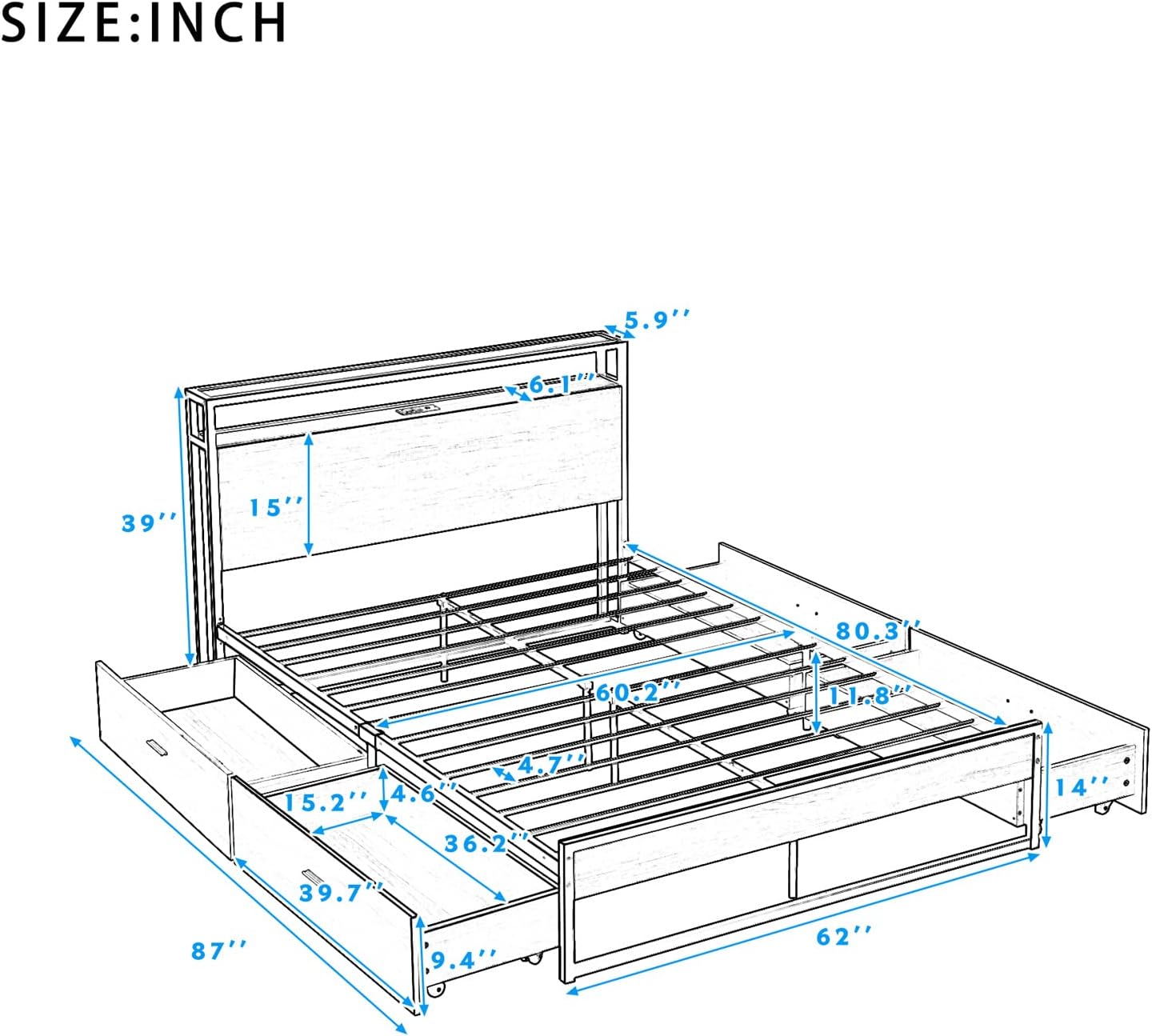 Bellemave Full Metal Bed Frame with Wooden Headboard and USB Ports Full Size Platform Bed 2-Tier Storage Headboard and Charging Station, Noise-Free, No Box Spring Needed, White