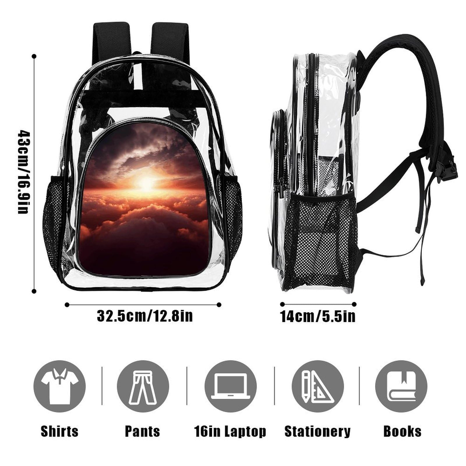 Sun Sunrise Cloud Clear Rucksack, groß, transparent, PVC, Büchertasche für Sicherheit, Arbeit, Reisen, Stadion