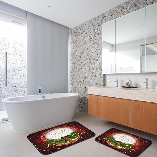 Miniatura 7 de ArtSocket Juego de 2 alfombras y tapetes de baño de Navidad, antideslizantes, campanas de Navidad, color verde y rojo, tapete de baño de microfibra