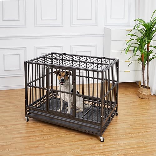 Miniatura 7 de Jaula grande para perros de 48 pulgadas, jaula grande resistente con ruedas, bandeja extraíble y 2 puertas para uso en interiores y exteriores