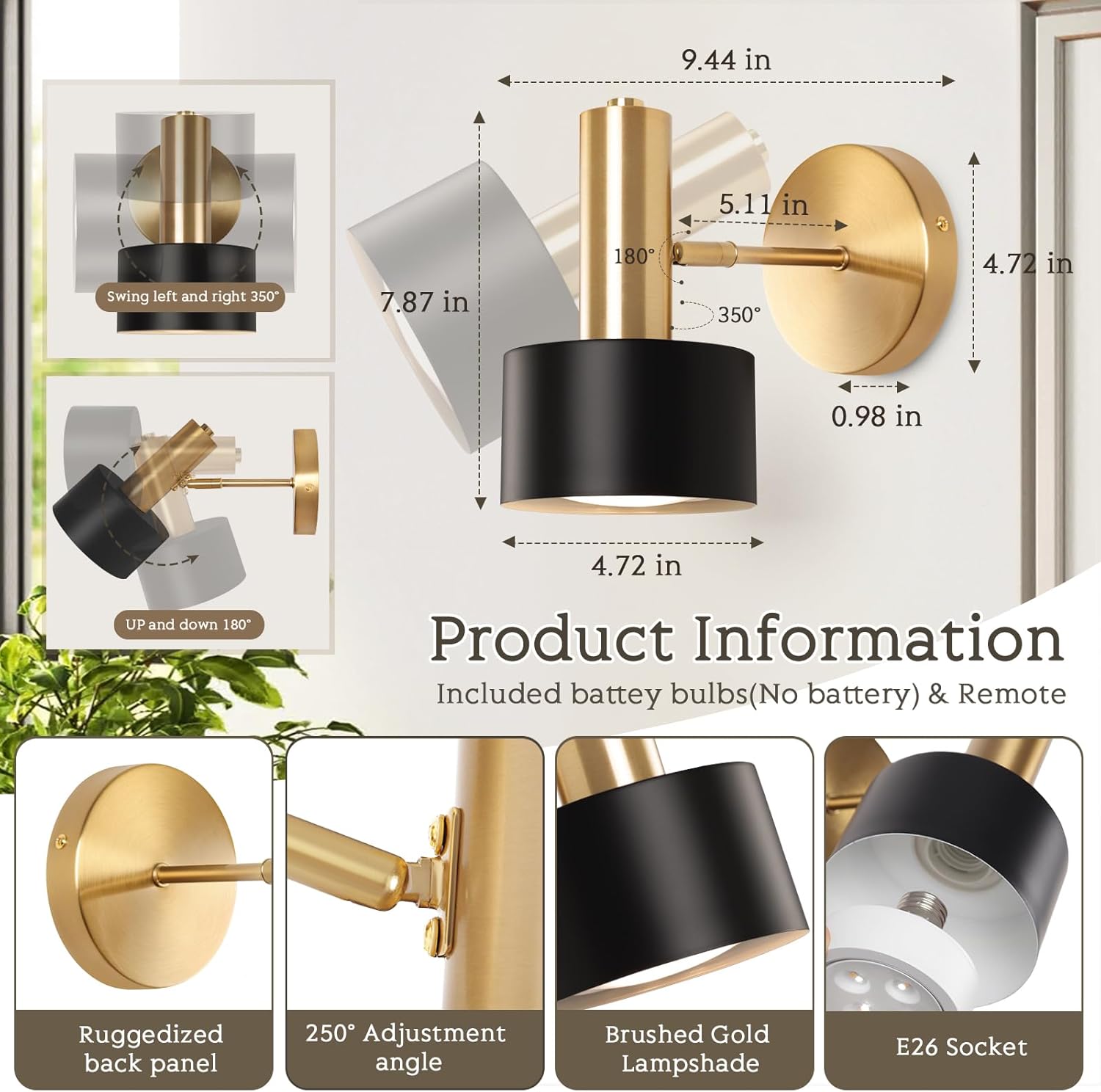 Battery Operated Wall Sconces Set of 2, Modern Wireless Black Wall Lights Fixtures,Cordless Wall lamp with Memory Function, with Remote Control Apply to Bedroom, Living Room, Corridor Stairs