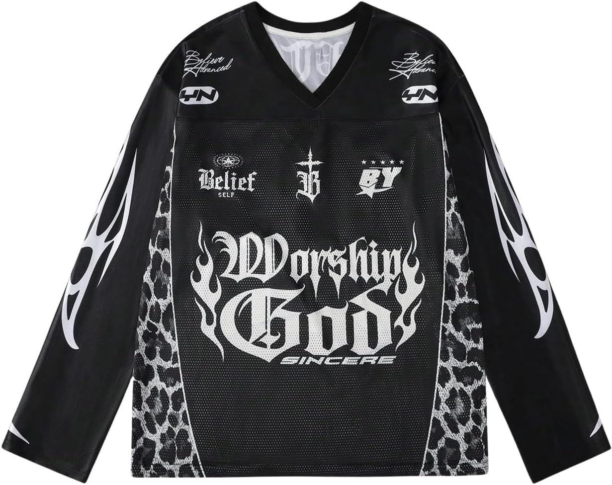 BEAUDRM Men's Jersey Shirts Leopard Print Tee Drop Shoulder Long Sleeve Oversized T Shirt Graphic V Neck Tee Tops Streetwear