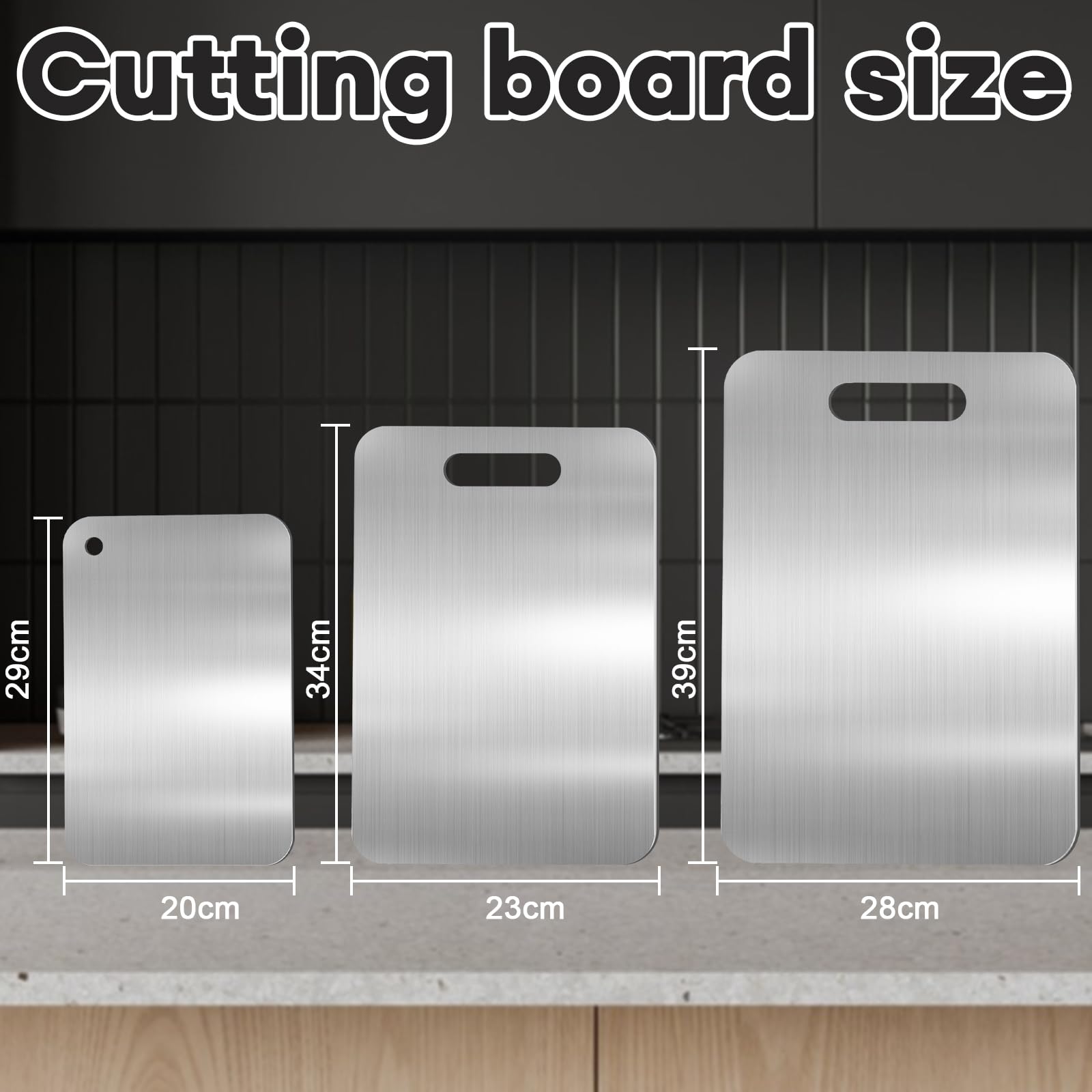 Titan Schneidebrett-3 Stück 304 Schneidebrett Edelstahl Cutting Board Stainless Steel aus Edelstahl mit Rutschfestes Silikonpad Gemüsemesser für Küche Im Freien Camping 29x20cm, 39x28cm, 34x23cm