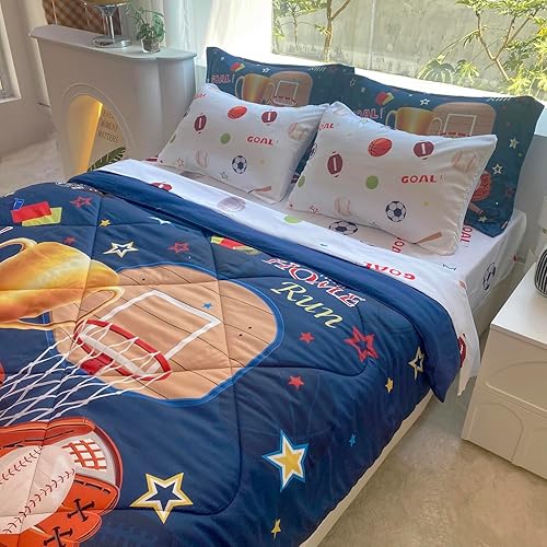 Miniatura 4 de Jameswish Juego de edredón deportivo para niños, tamaño matrimonial, 7 piezas, juego de ropa de cama de baloncesto, fútbol, béisbol, para niños,