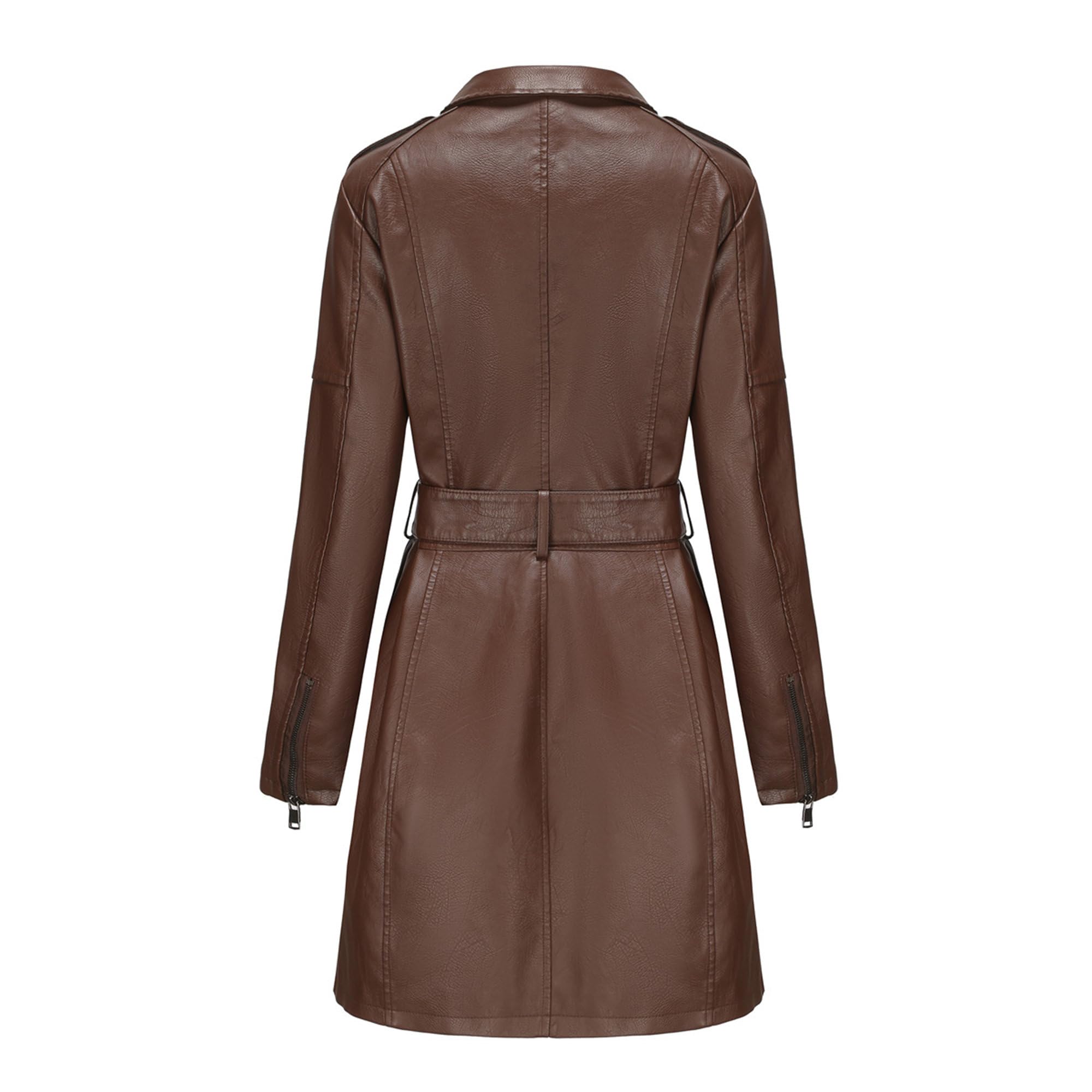 Trench lungo da donna in similpelle PU con cerniera, manica lunga, revers, soprabito con cintura