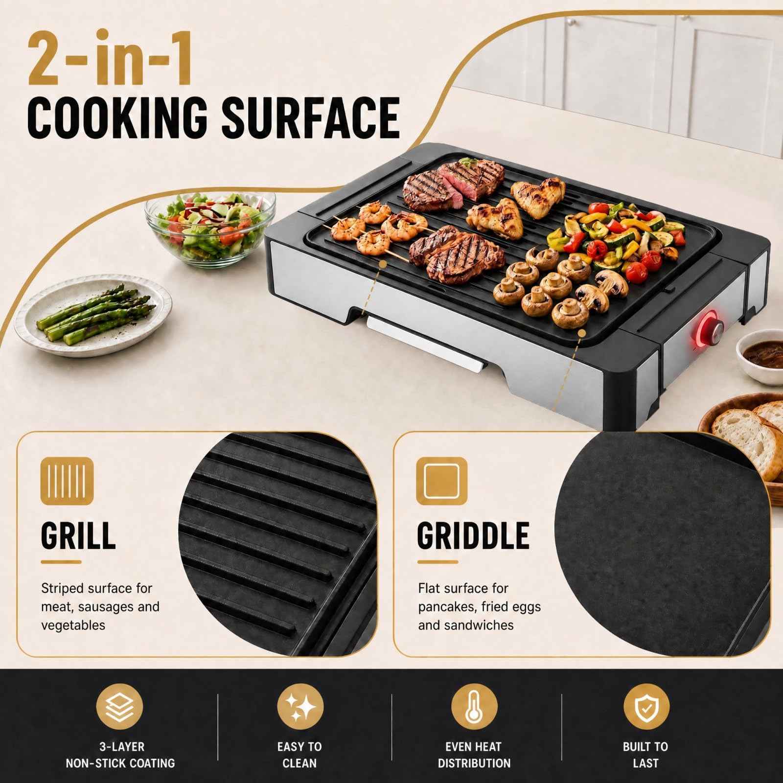 LIFEZEAL Griglia Elettrica 2300W, 2 Superfici di Cottura | Piastra Grill da Tavolo con Rivestimento Antiaderente, Pinza e Vassoio Raccogli-grasso Rimovibile, per Picnic e BBQ