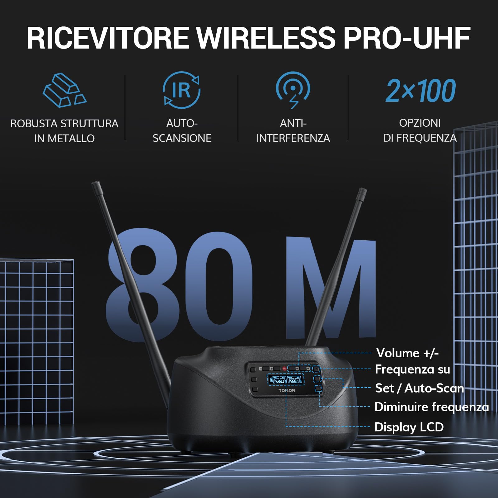 TONOR Microfono Wireless Ricaricabile, Sistema Doppio Microfono Palmare UHF in Metallo con Ricevitore Bluetooth, Portata UHF 80 m per Karaoke Domestico, Chiesa, Feste, DJ, Matrimoni TW790 Nero