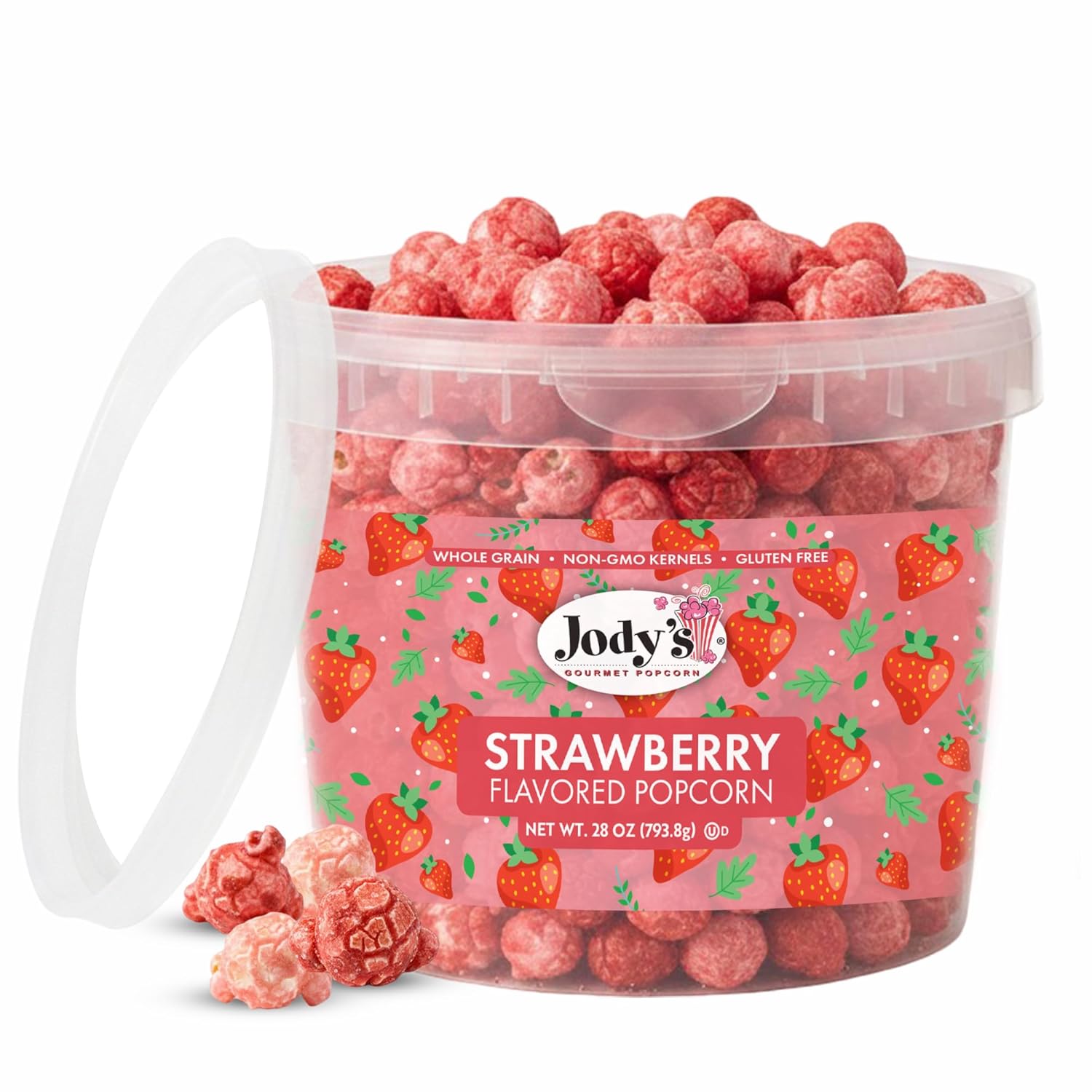 Jody's Strawberry Popcorn Tub 28oz - Pink Candy-Coated Gourmet Snacks, Non-GMO Kettle Corn - Fresh Popcorn Bucket for Birthday Treats, Celebrations and Party Favours - Gluten Free Delight