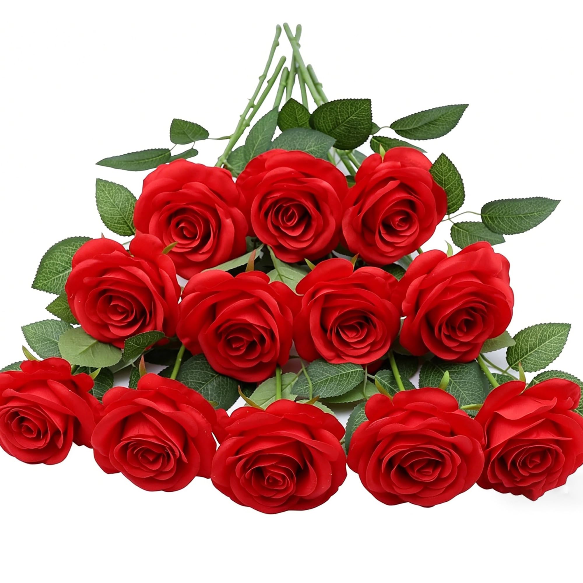 HNVNER 12 Pcs Red Artificial Roses Flowers, Fake Roses Faux Silk Red Flowers Bouquets with Stem for Wedding Home Decor