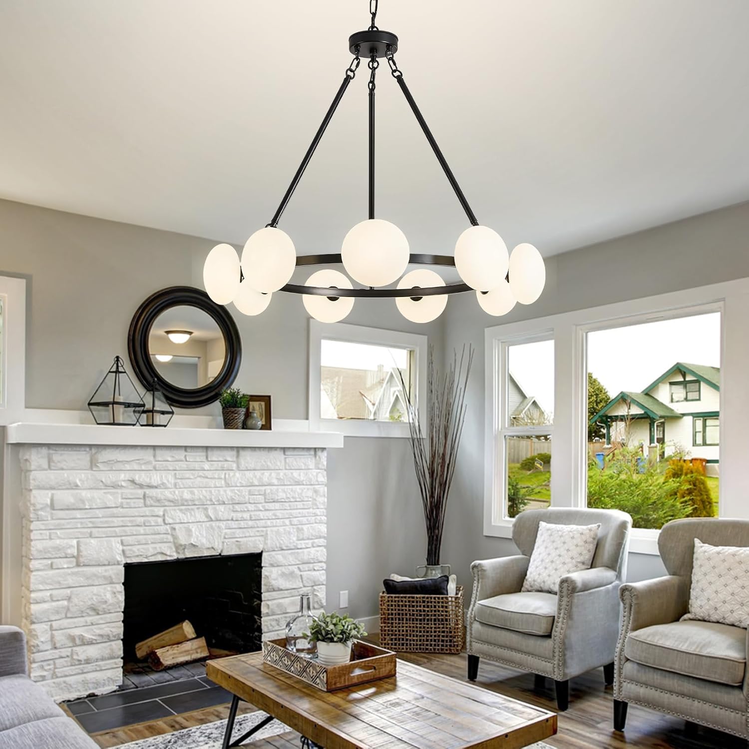 Modern Chandelier,Large Black Wagon Wheel Chandelier,Sputnik Pendant Light Fixture Over Table,Glass Globe Chandelier for Dining Room and Living Room