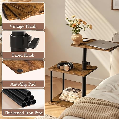 Miniatura 8 de Mesa auxiliar giratoria de 360 para altura ajustable, mesa auxiliar en forma de C para sofá con almacenamiento, mesita de noche de 3 niveles con