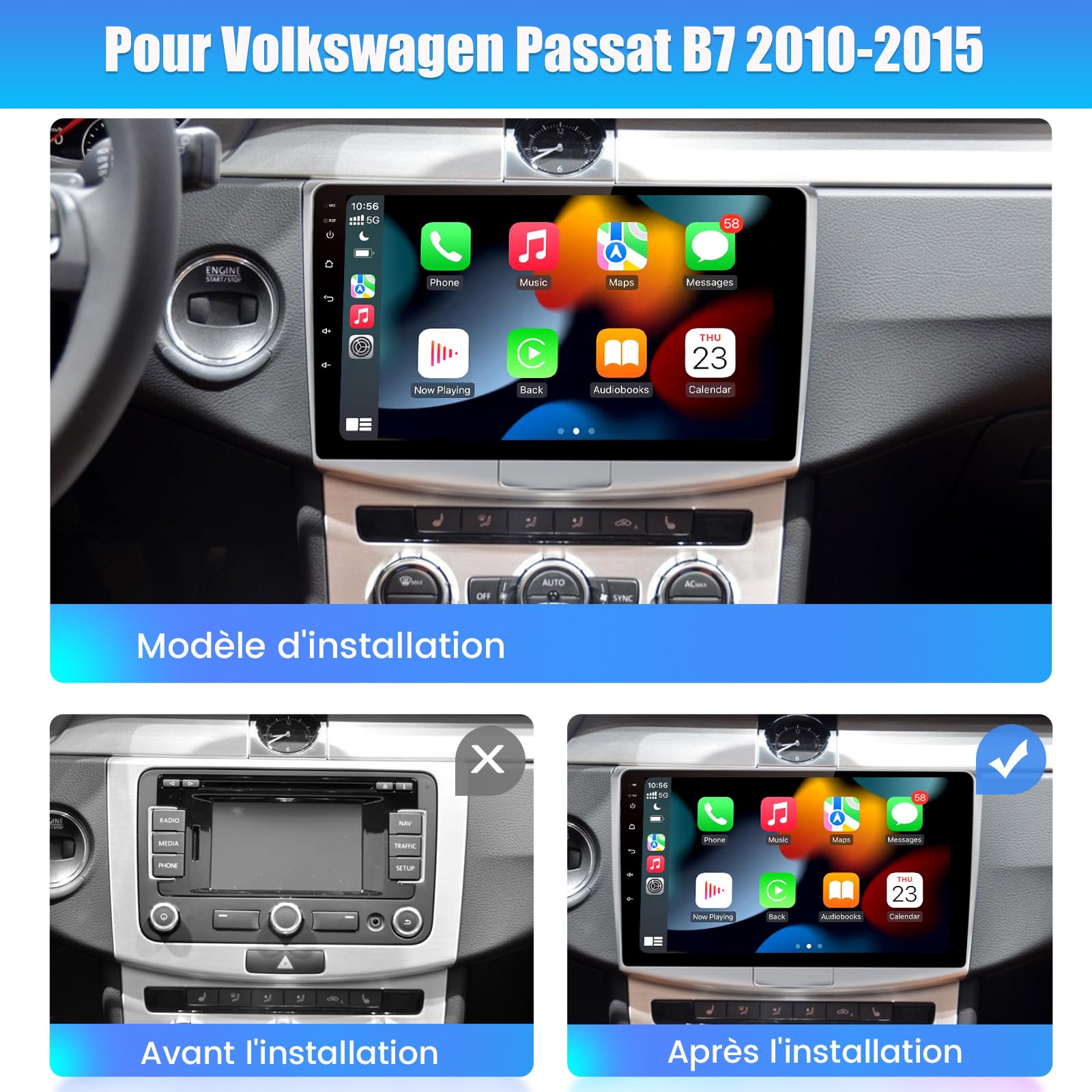 AWESAFE Autoradio Android 13 [4 Go + 64 Go] pour Volkswagen Passat B7 (2010–2015) – Écran Tactile HD 10", CarPlay, Android Auto, Bluetooth, WiFi, 4G, GPS, DSP, Radio FM