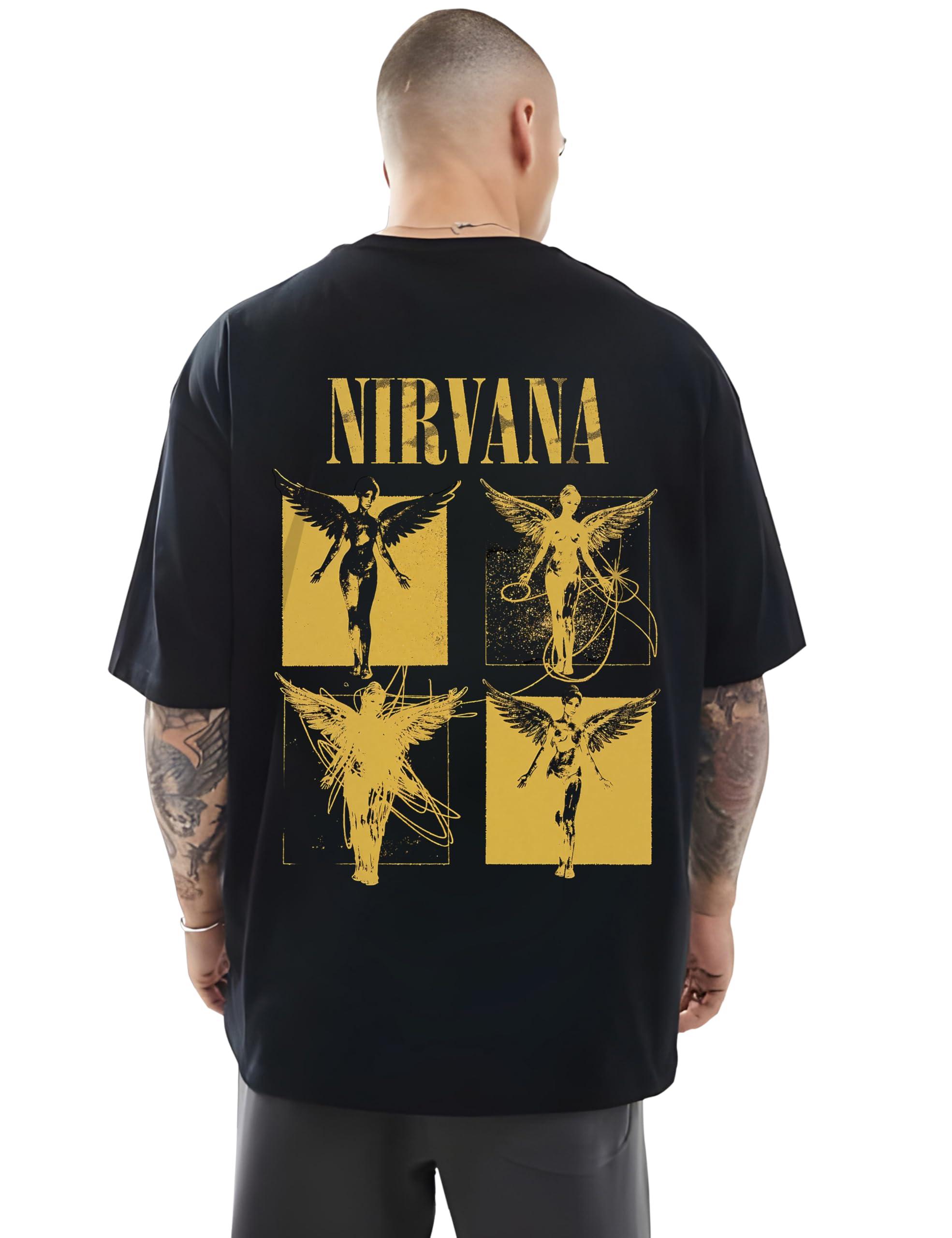 RAN ELEVEN Grunge Angel Oversized T-Shirt for Men | Front & Back Winged Figure Graphic Inspired by 90s Rock | 100% Cotton | Streetwear & Casual Wear-image-19