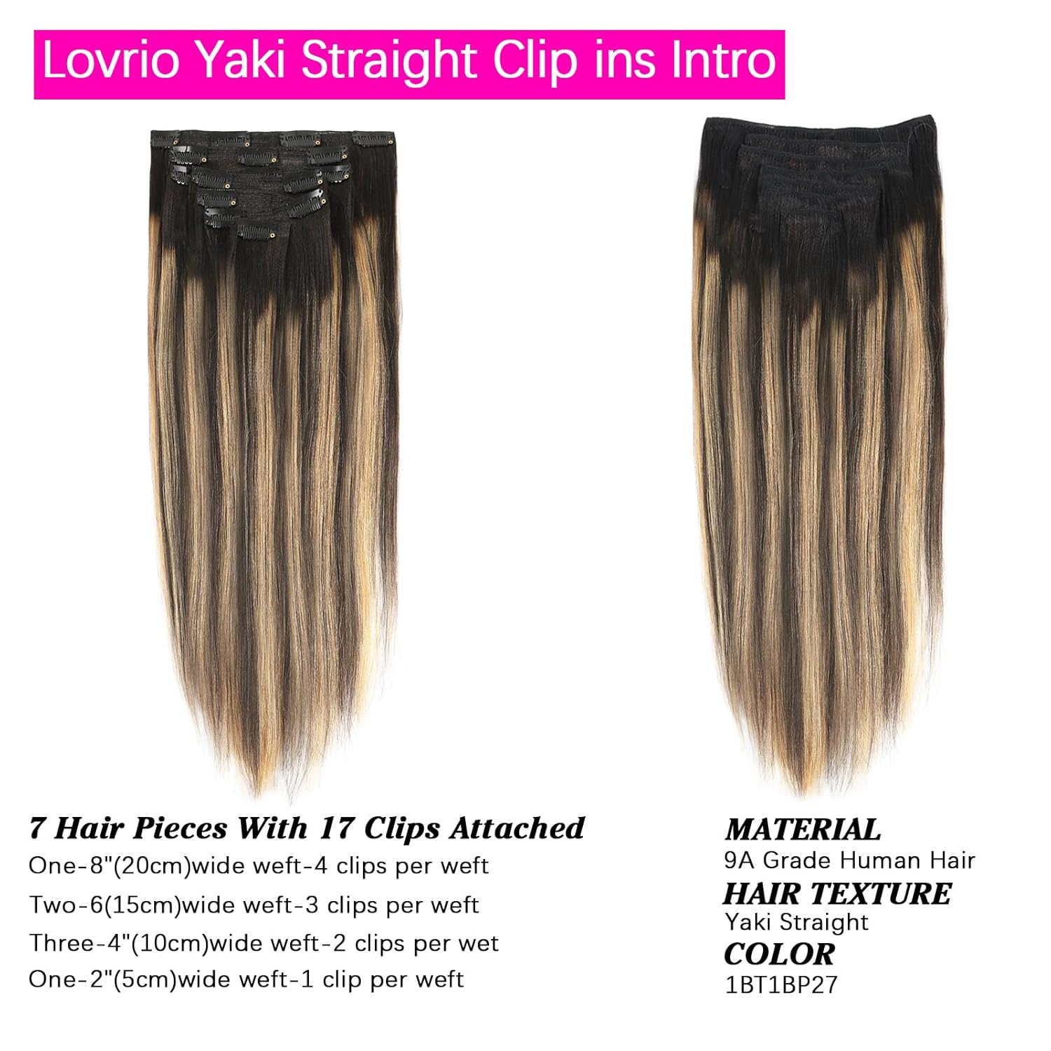 Lovrio Yaki Straight Clip ins Two Tone Rooted Black Fading to Piano Off Black #1B Mixed With Caramel Blonde #27 Real Human Hair Yaki Hair Clip ins 16in for Black Women Full Head 7pcs With 17clips 120g