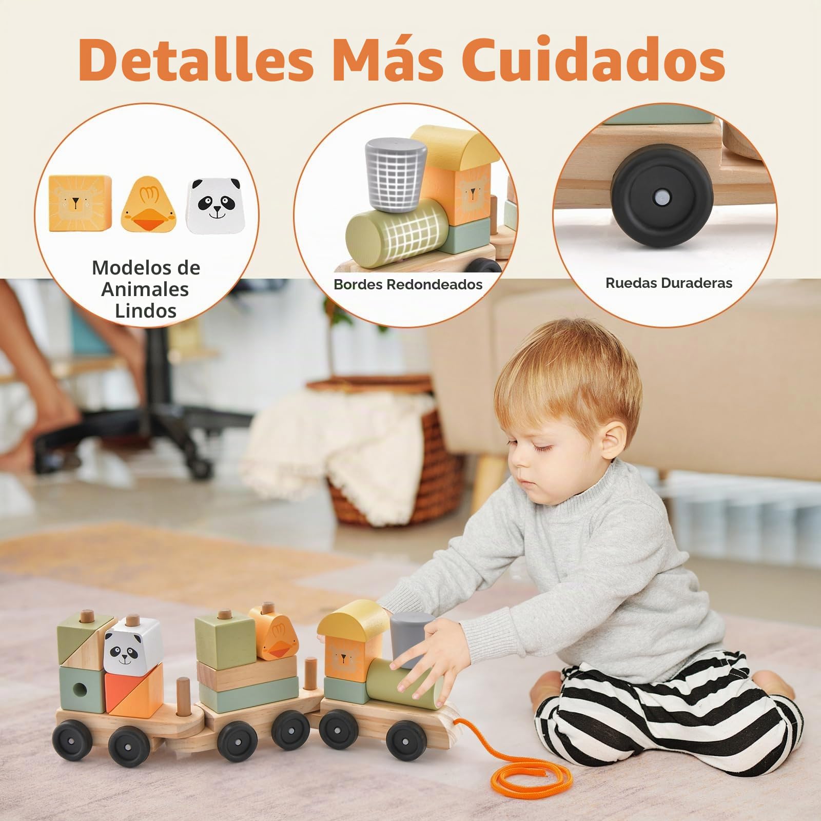 Regalo Cumpleaños GOPLUS Tren De Madera Apilable Con 13 Bloques Y Animales – Juguete Educativo Para Niños De 18 Meses (Cuerda De Tracción Regalo Cumpleaños GOPLUS Tren De Madera Apilable Con 13 Bloques Y Animales – Juguete Educativo Para Niños De 18 Meses (Cuerda De Tracción