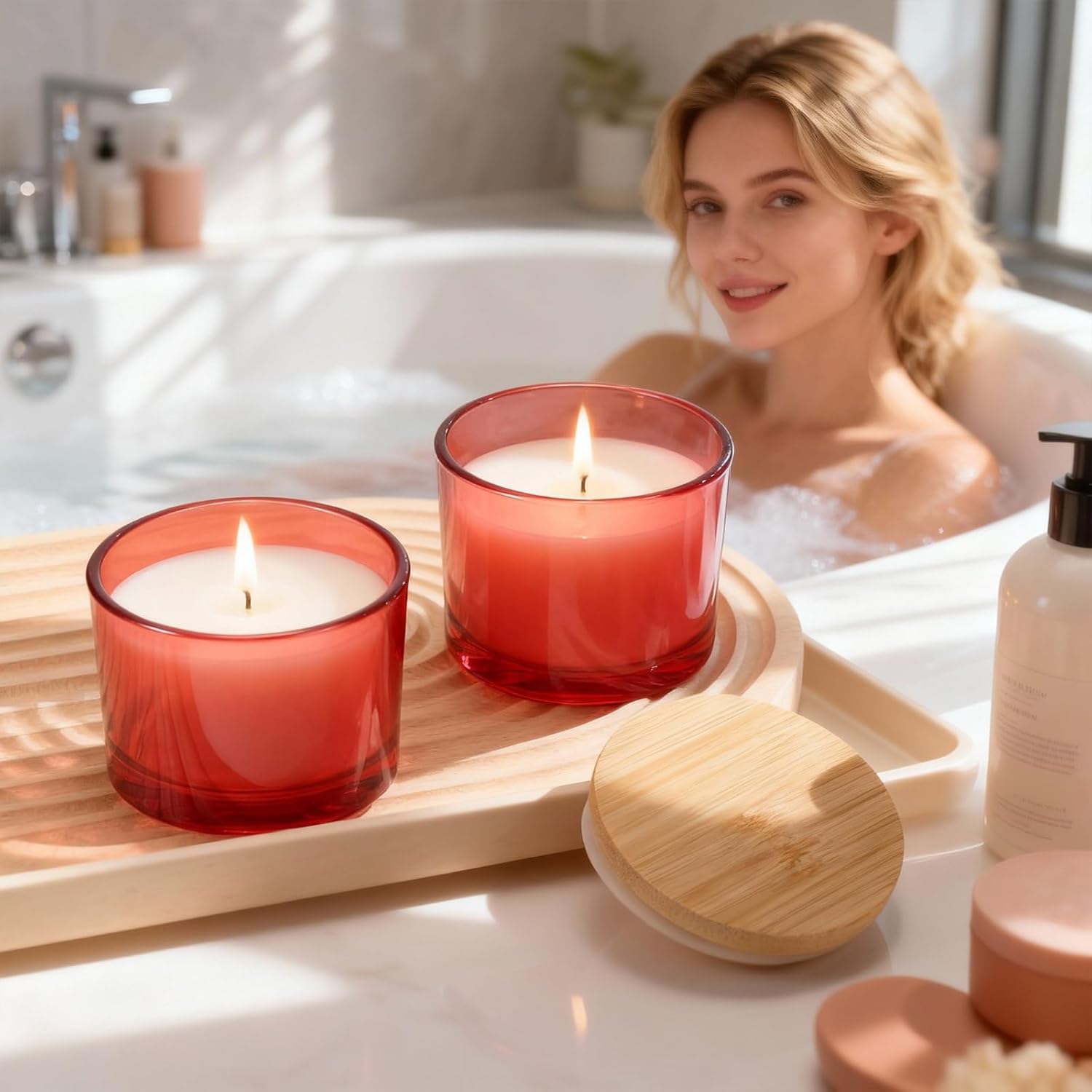 Acellegic 15 Pack 4.73 OZ Thick Candle Jars for Making Candles, Candle Jar, Wide Mouth Glass Empty Jars with Bamboo Lids for Making Candles, Bulk Container Dishwasher Safe (Red)